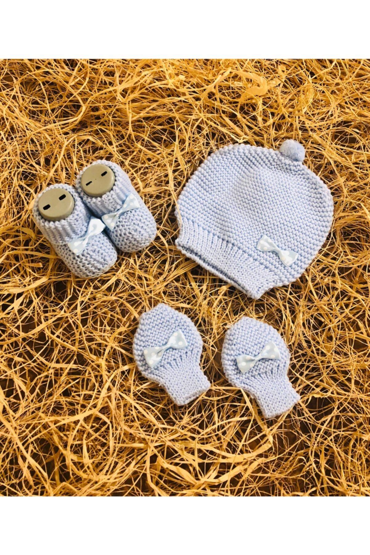 Genel Markalar Yeni Doğan Erkek Bebek Mavi Fiyonklu Triko Bere Eldiven Patik Set 0-3