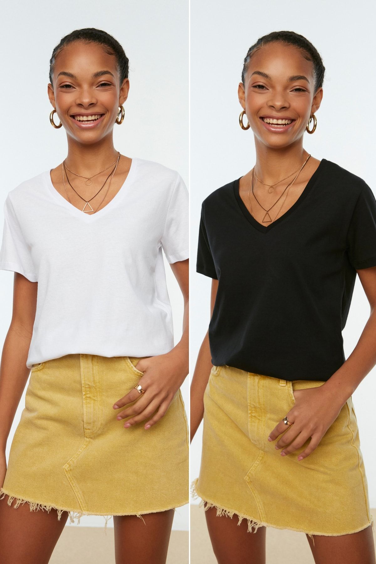 TRENDYOLMİLLA Siyah-Beyaz %100 Pamuk Süprem V Yaka 2'li Paket Örme T-Shirt TWOSS20TS0142