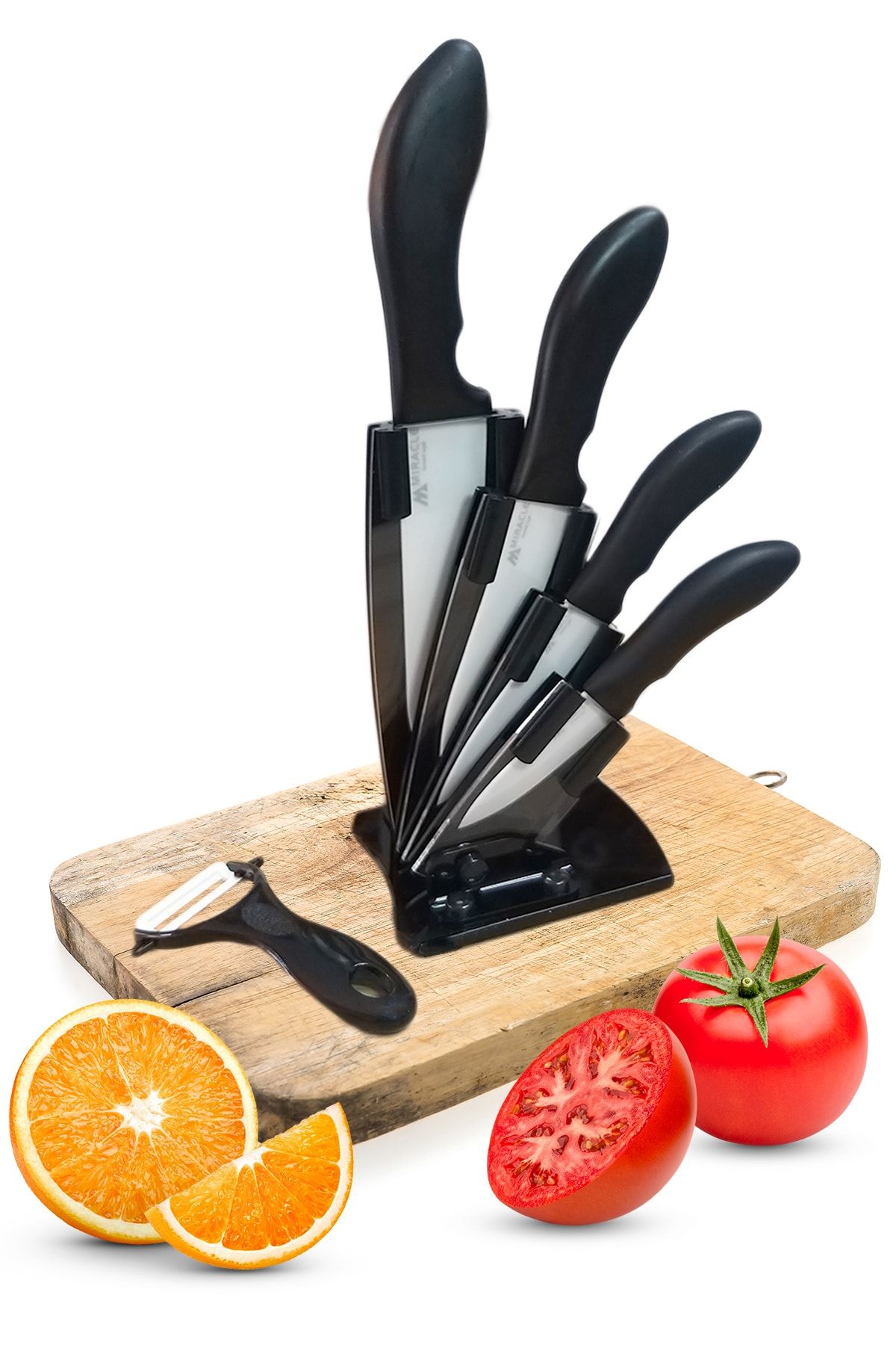Miracle Seramik Mutfak Bıçak Seti Standlı Siyah 6 Parça (TAMAMEN SERAMİK)