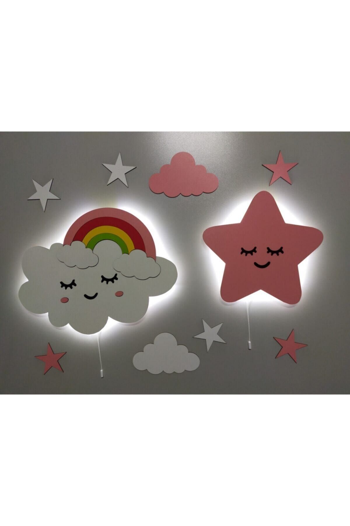 fabrikahşap Çocuk Odası Dekoratif Ahşap Gökkuşağı Bulut Sevimli Yıldız Gece Lambası Ledli Aydınlatma