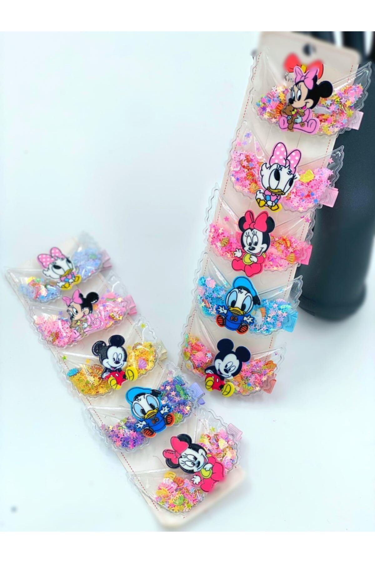 QUEEN AKSESUAR 5 Li Büyük Pensli Melek Kanatlı Pullu Simli Çocuk Bebek Renkli Toka Seti Mickey Minnie Mouse