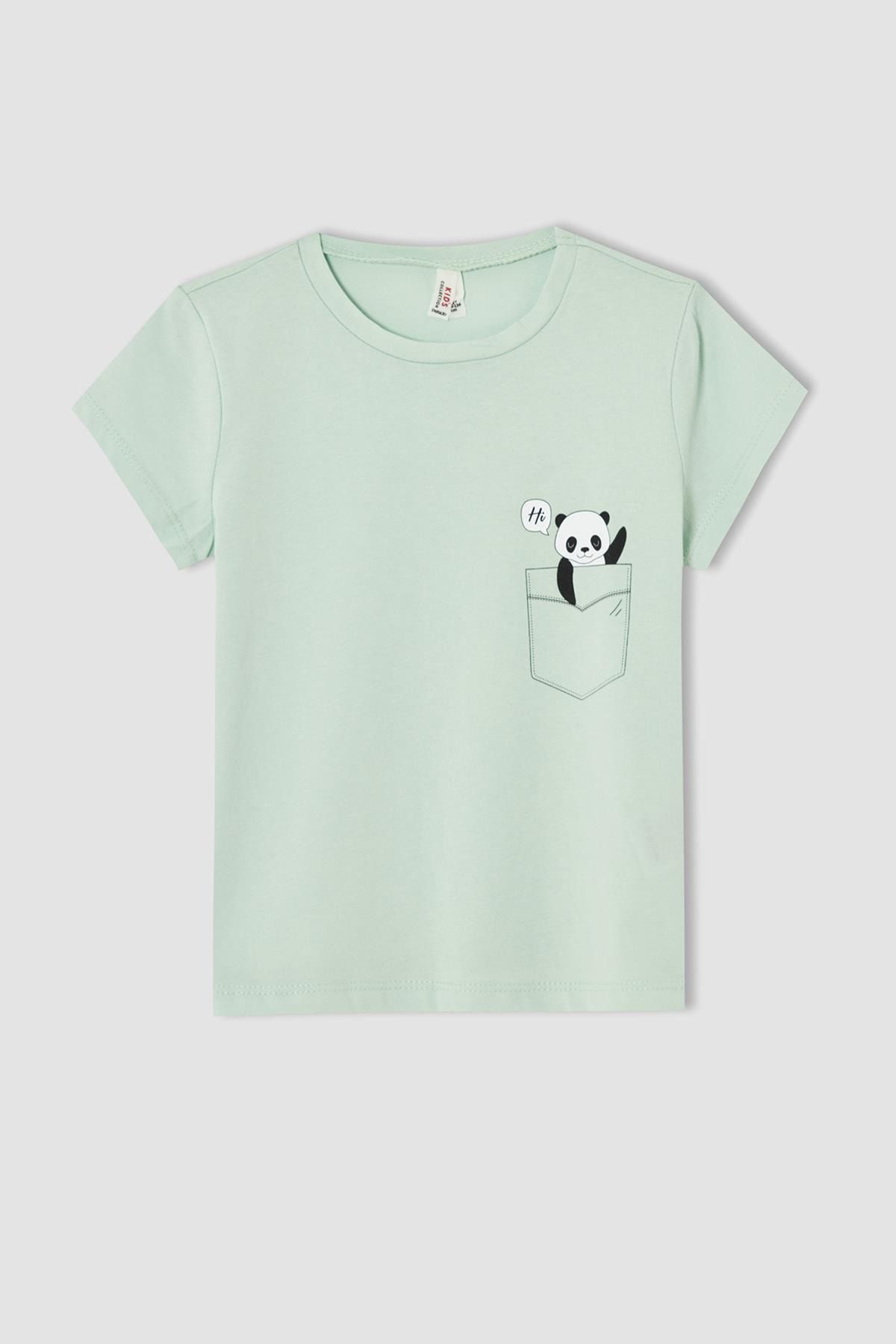 Defacto Kız Çocuk Panda Baskılı Kısa Kol Tişört