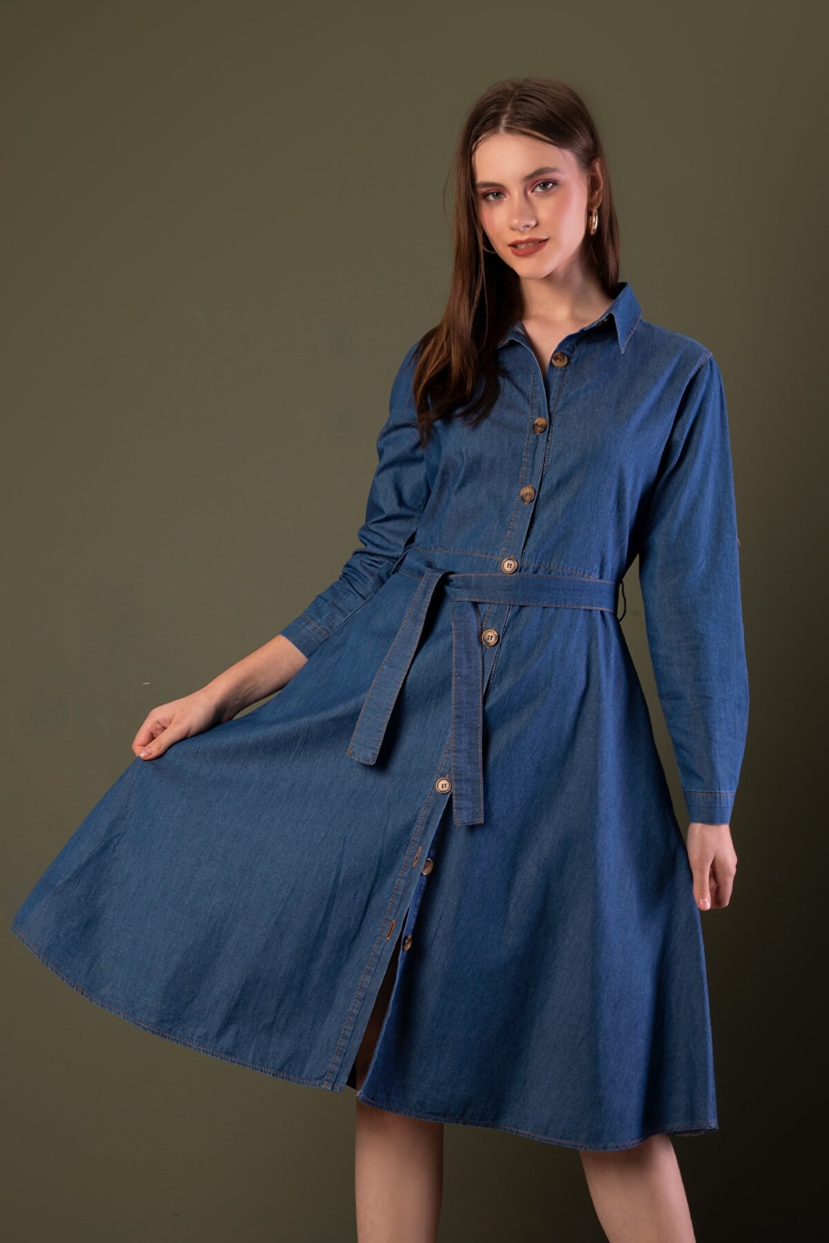 Pattaya Kadın Kuşaklı Uzun Kollu Kot Gömlek Elbise Y20s110-1924