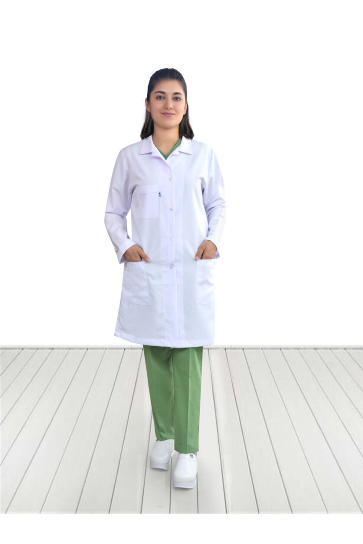 Nur Medikal Giyim Klasik Yaka Unisex Beyaz Düz Uzun Önlük