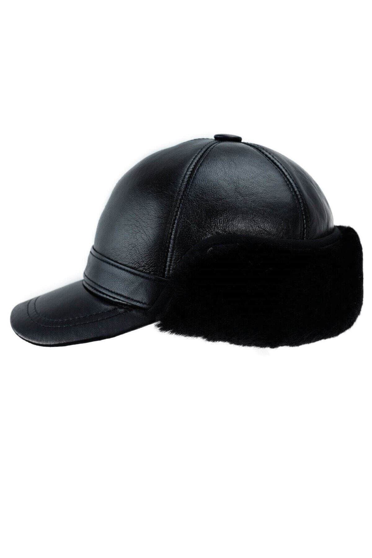 Genel Markalar Ayer Ticaret Unisex Siyah Hakiki Deri Kulaklıklı Beyzbol Şapka