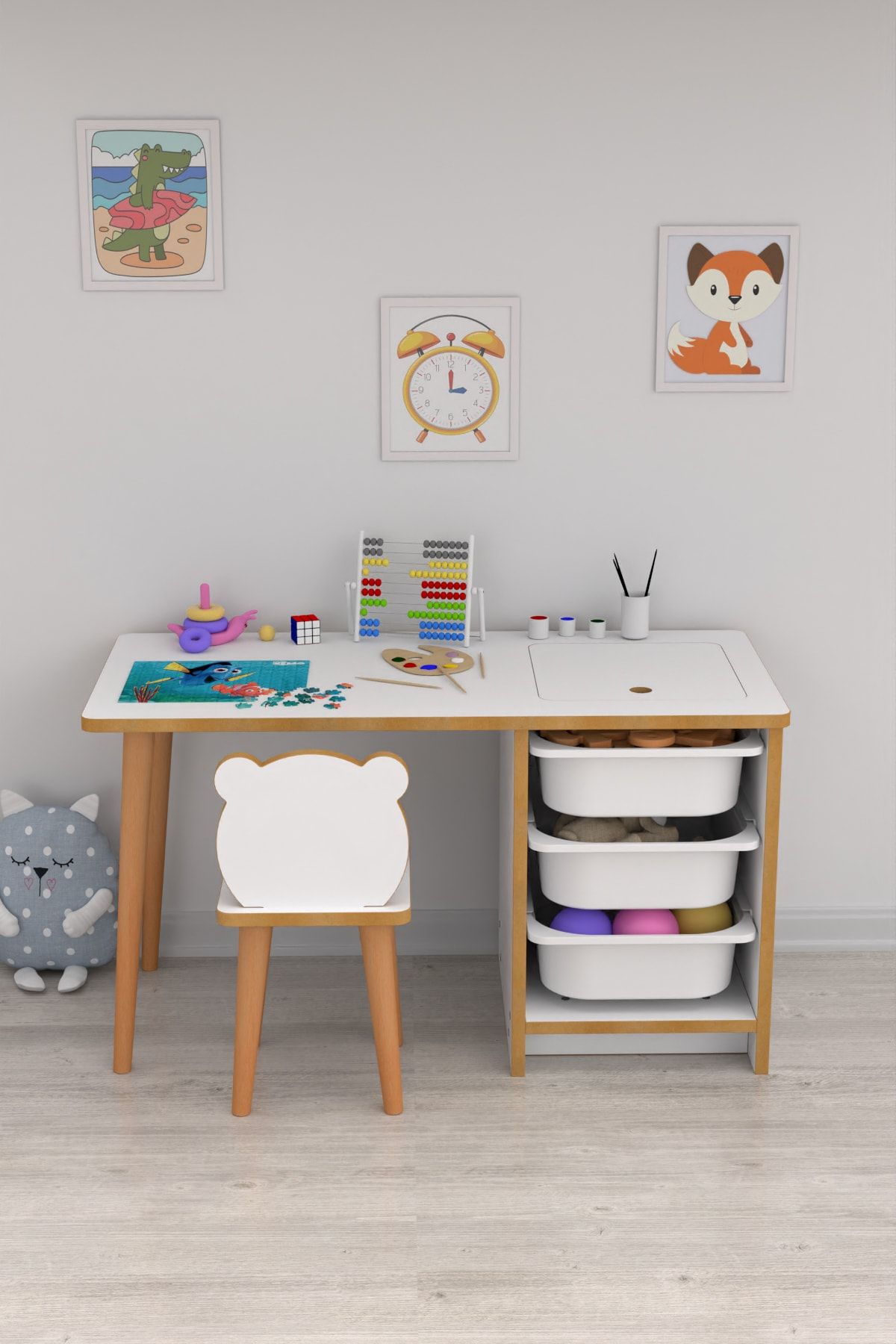Pratico Soho - Çocuk Çalışma Masası Oyun Ve Etkinlik Masası Beyaz Sepetli