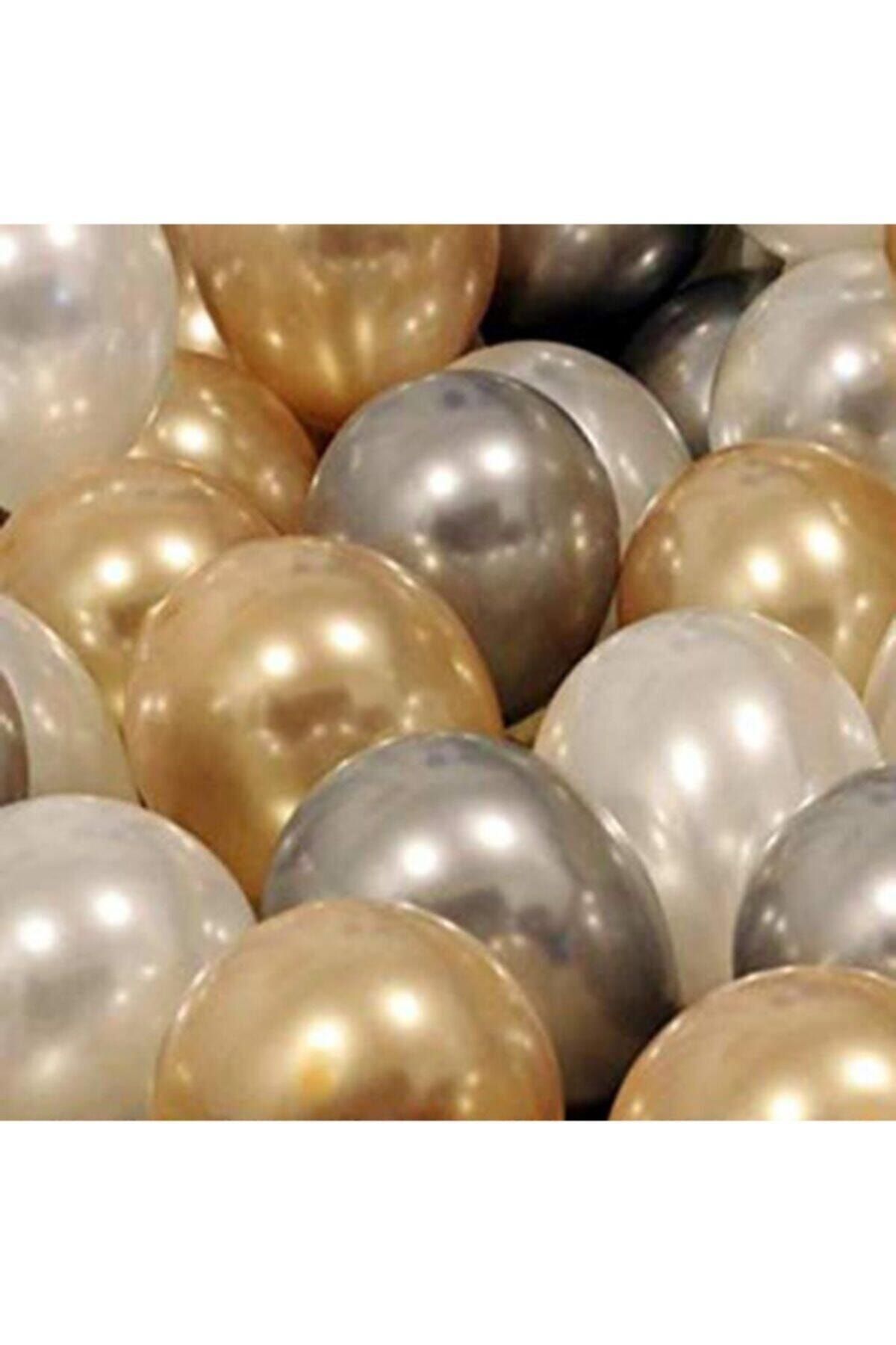TATLI GÜNLER 30 Adet Metalik Sedefli Gold-gümüş Gri-beyaz Balon, Helyumla Uçan