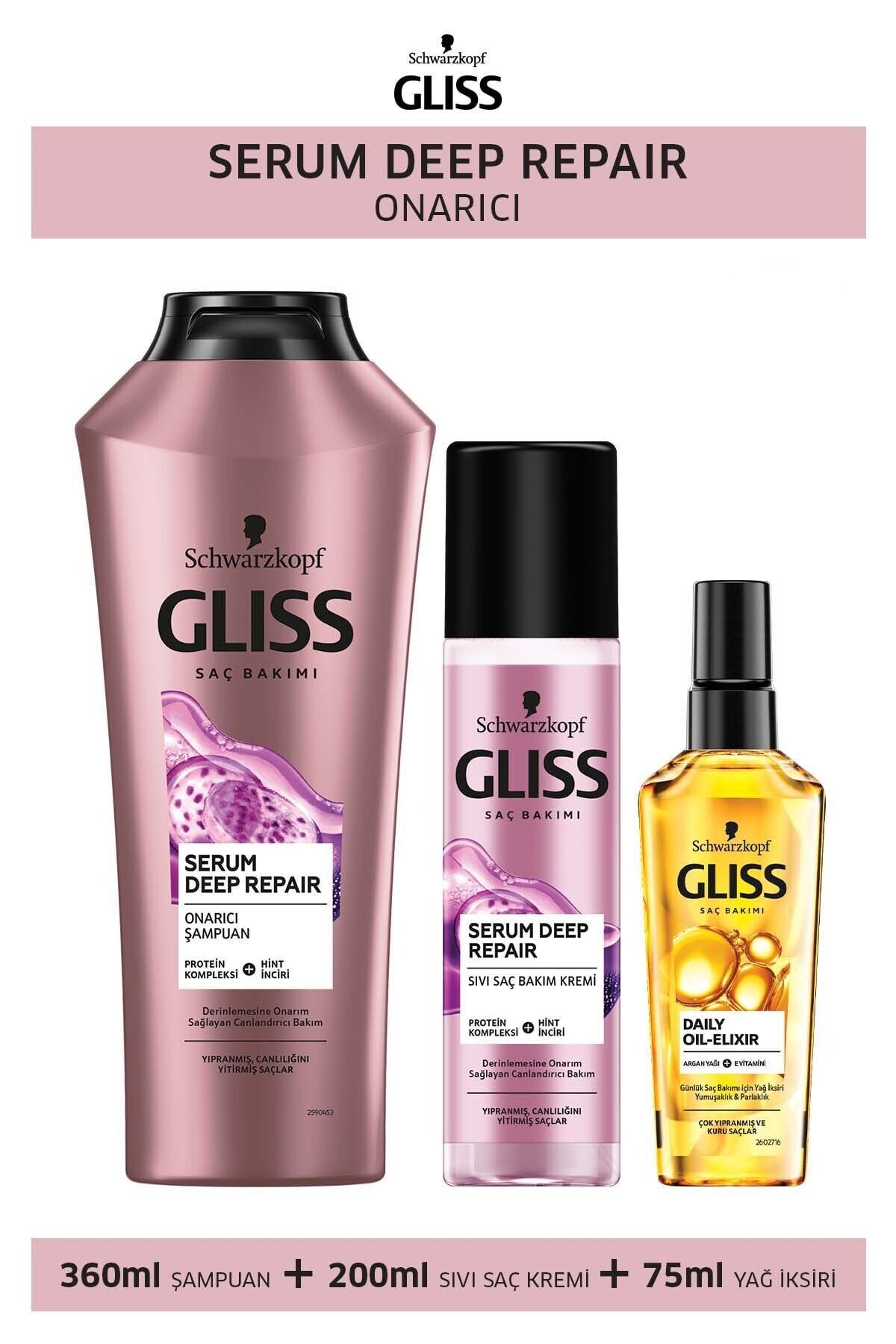 Gliss Serum Deep Repair Onarıcı Şampuan 360 ml Sıvı Saç Kremi 200 ml Oil Elixir Yağ Iksiri 75 ml
