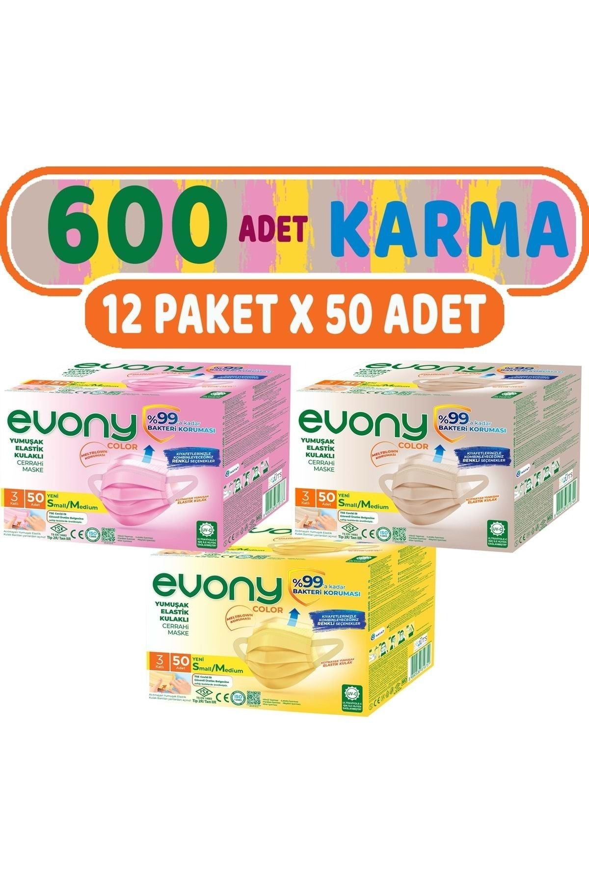 Evony 3 Katlı Filtreli Burun Telli Cerrahi Maske 600 Lü Set Karma Small/medium (sarı/pembe/bej)