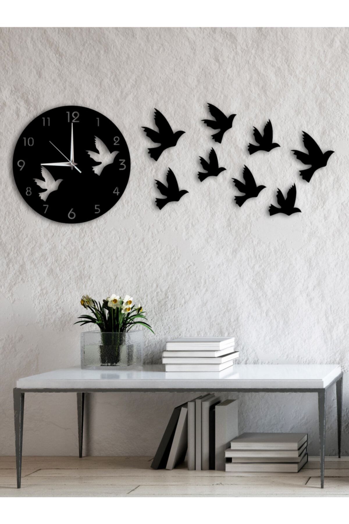 DemStudio Kuş Tasarımlı Modern Dekoratif Ahşap Duvar Saati
