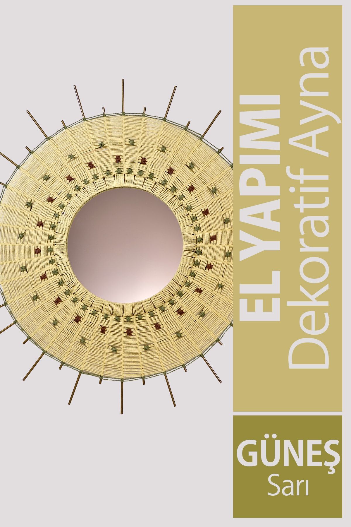 Bysolvo Dekoratif Güneş Ayna Sarı Nakışlı Modeli - Tamamen El Yapımı (handmade) Dekorasyon