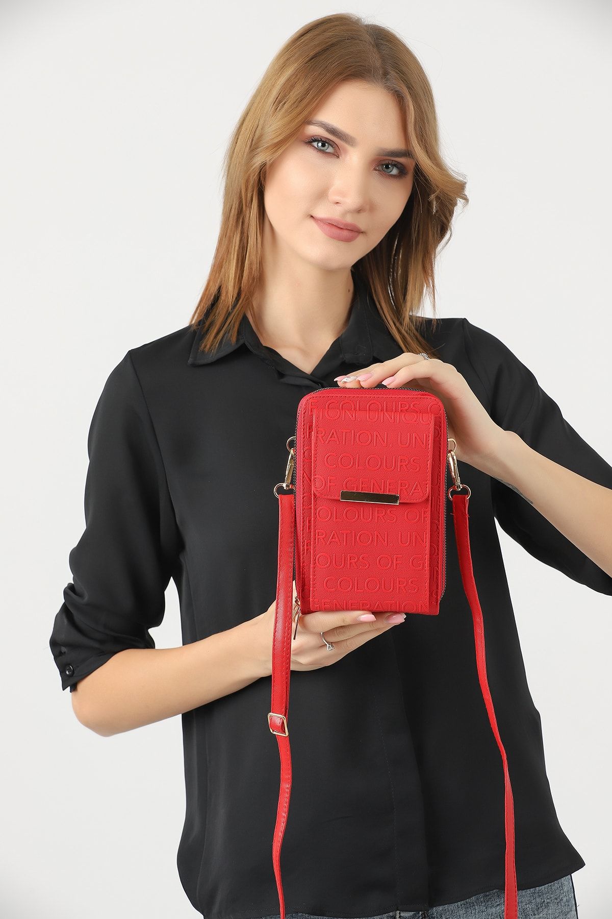 Universal Eşsiz Pazar Kırmızı Kadın Çapraz Askılı Telefon 3 Bölmeli Cüzdan Çanta
