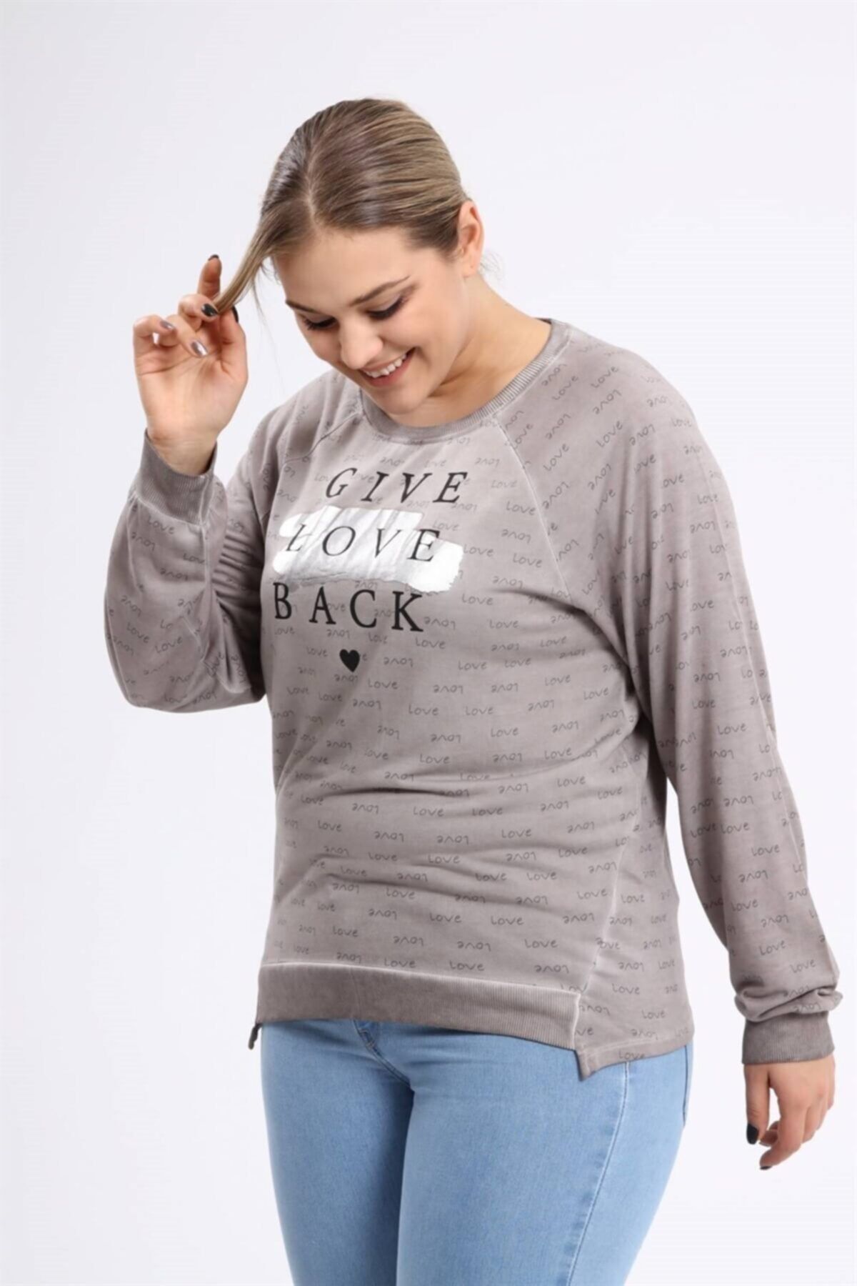 Seamoda Love Baskılı Reglan Kol Yağ Yıkama Açık Antrasit Sweatshirt