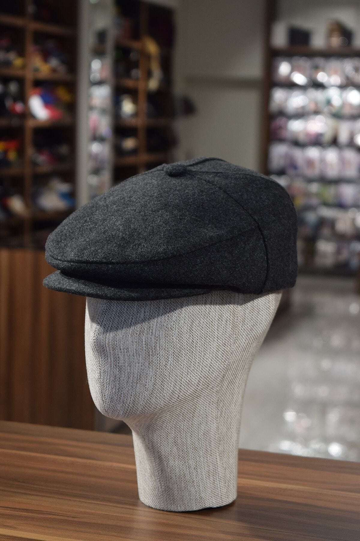 Göksu Şapka Düğmeli Klasik Kasket Füme Kasket Kaşe Kışlık Kumaş Şapka