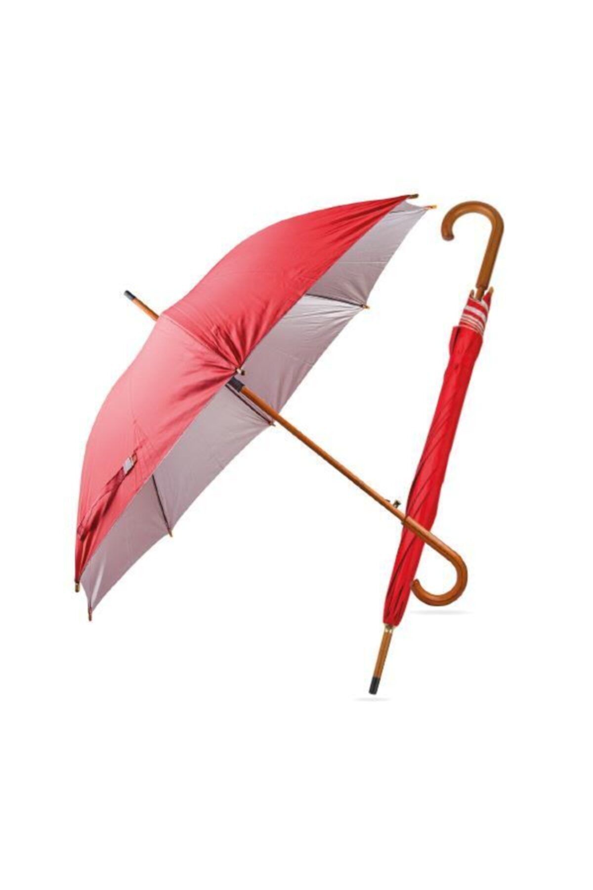 happysezon Ahşap Saplı Büyük Boy Kırmızı Baston Şemsiye