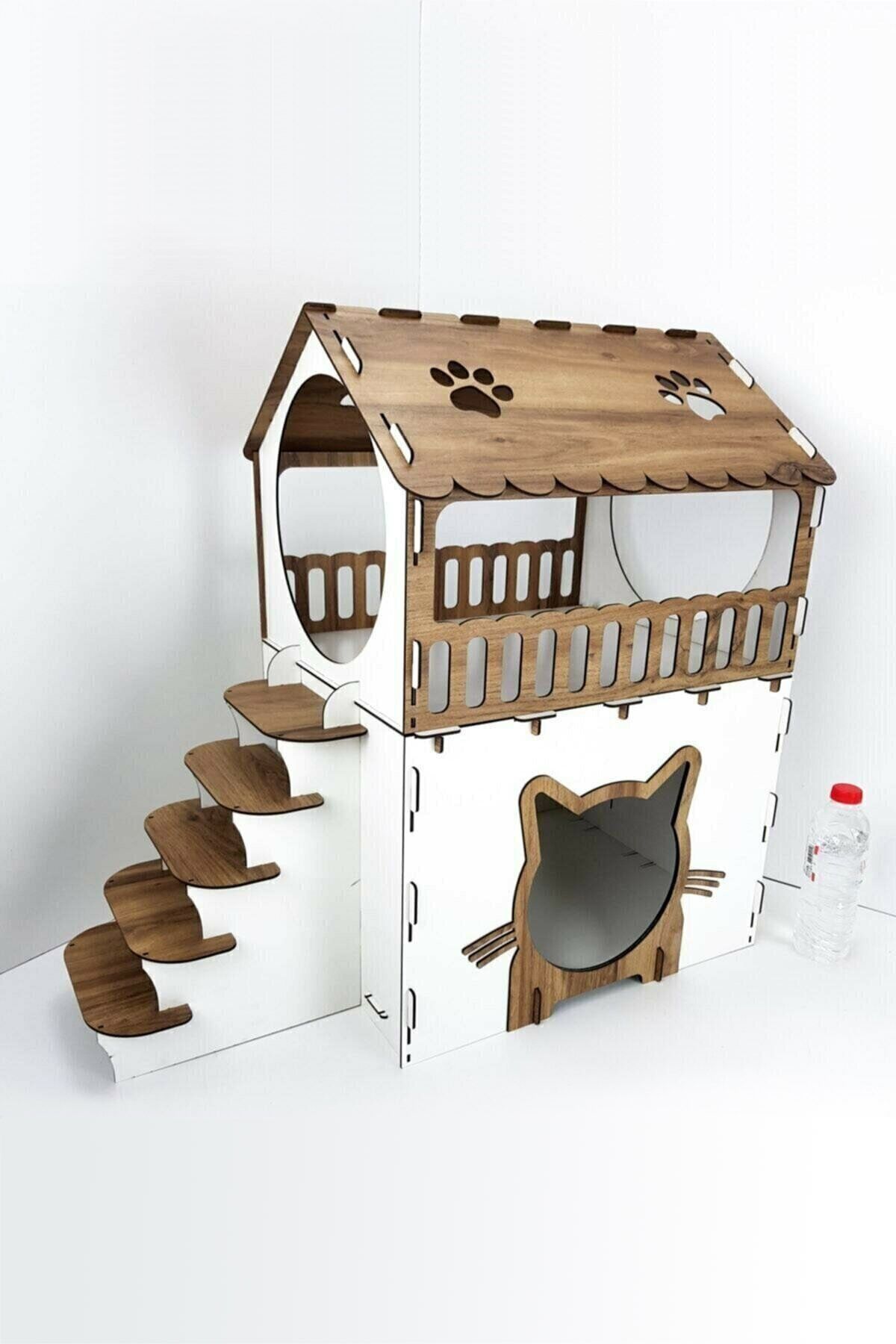 HOBİCİM Süper Set Ahşap Dekoratif Iki Katlı Kedi Ve Köpek Evi Yatak ve Zincir Tasma 3 Lü Takım