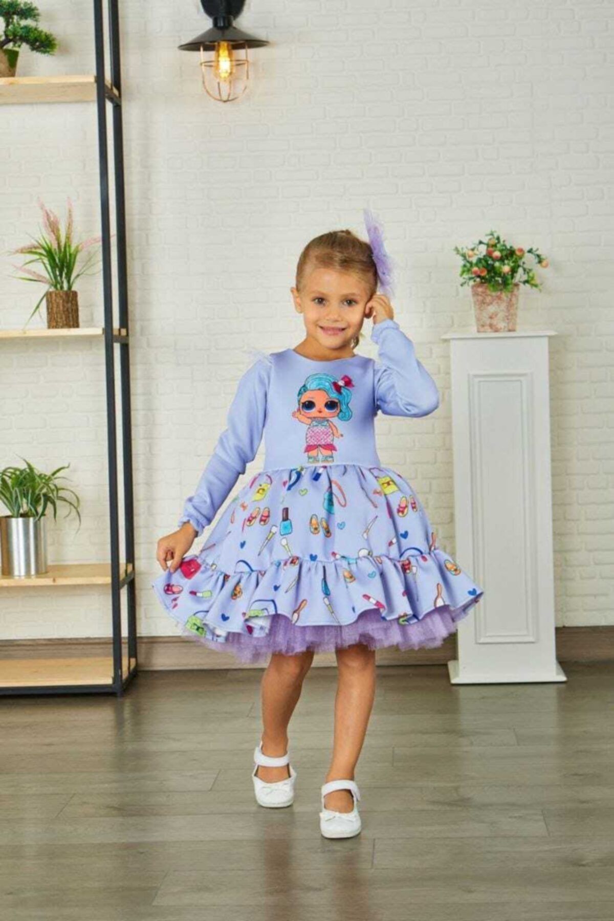Sare Çocuk Giyim Lila Karakter Baskılı Eteği Fırfırlı Uzun Kol Toka Dahil Kız Çocuk Doğum Günü Özel Gün Elbisesi