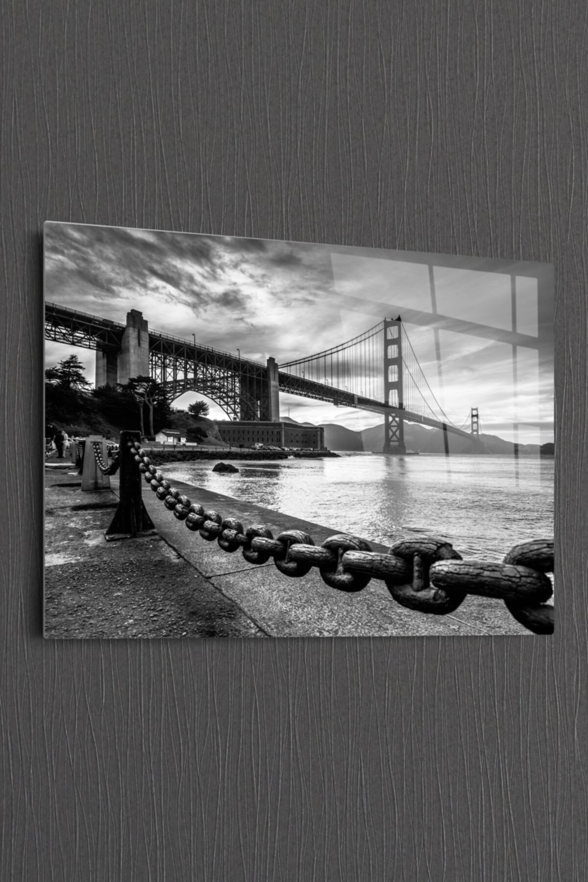 Bourneo Dekoratif Yatay Cam Tablo Golden Gate Bridge Black And White San Francisco