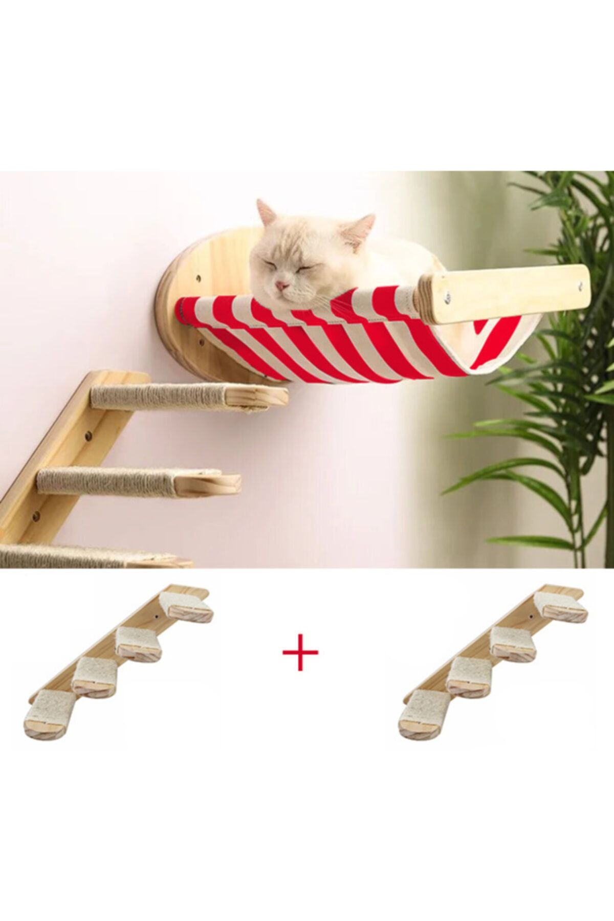 BUSHOP Duvara Monte Modern Egzotik Kırmızı Bezli Kedi Hamağı + 2 Adet Doğal Ahşap Kedi Merdiven -