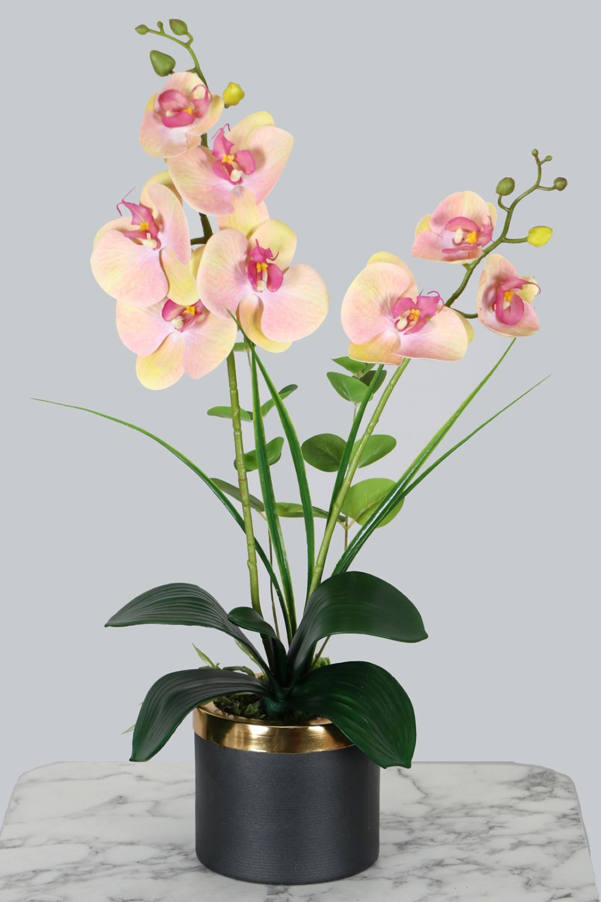 Yapay Çiçek Deposu Mini Metal Saksıda Mini Yapay Islak Orkide Tanzimi 55 Cm Somon
