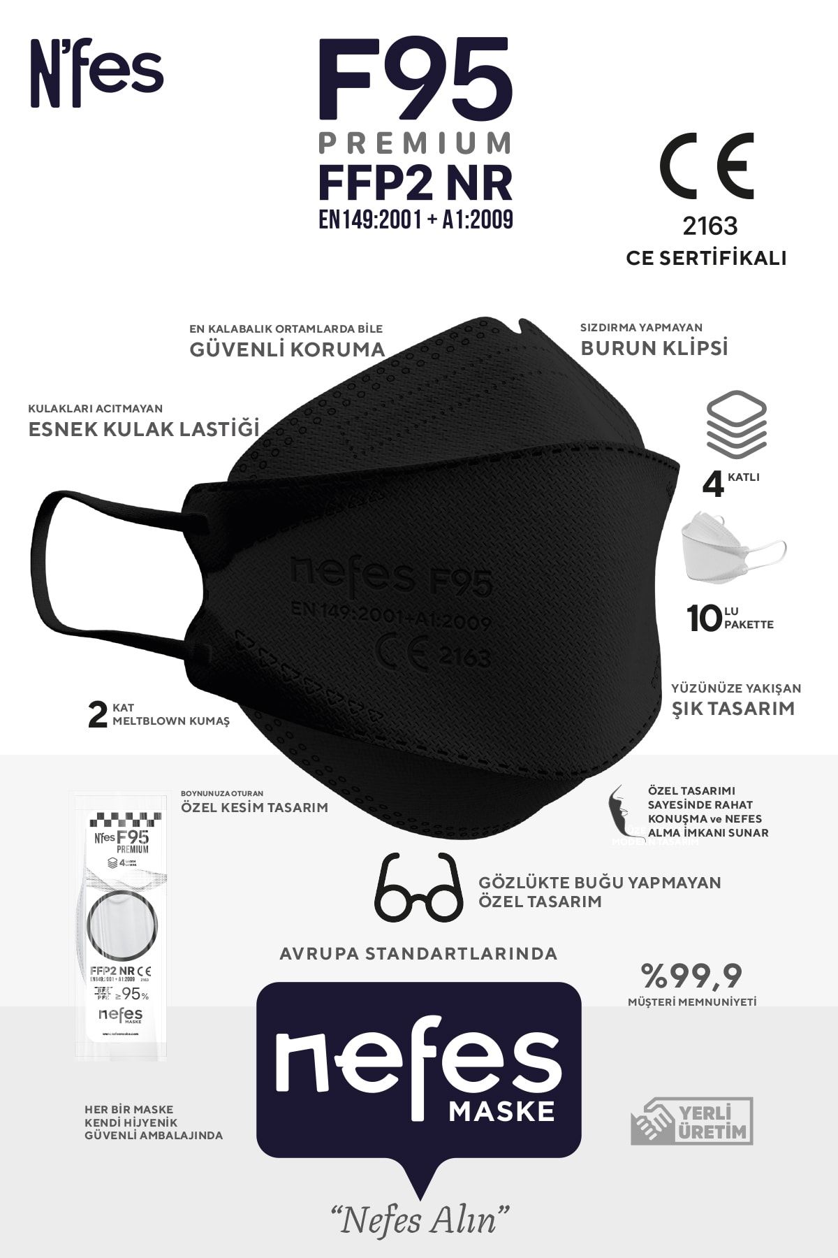 nefes maske N'fes F95 Premium Kore Tipi Siyah N95(kf94) Maske 1 Kutu 10 Adet