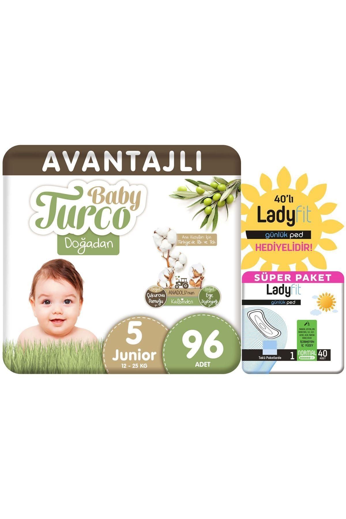 Baby Turco Doğadan Avantajlı Paket Bebek Bezi 5 Numara Junior 96 Adet + Günlük Ped Normal 40 Adet