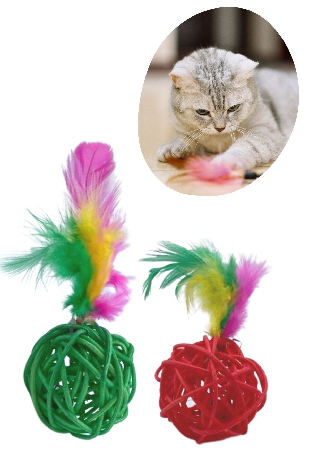 Buffer 2'li Rattan Renkli Peluş Tüy Kedi Köpek Oyuncak Yakalama Çiğneme Çıngıraklı Top Oyuncağı