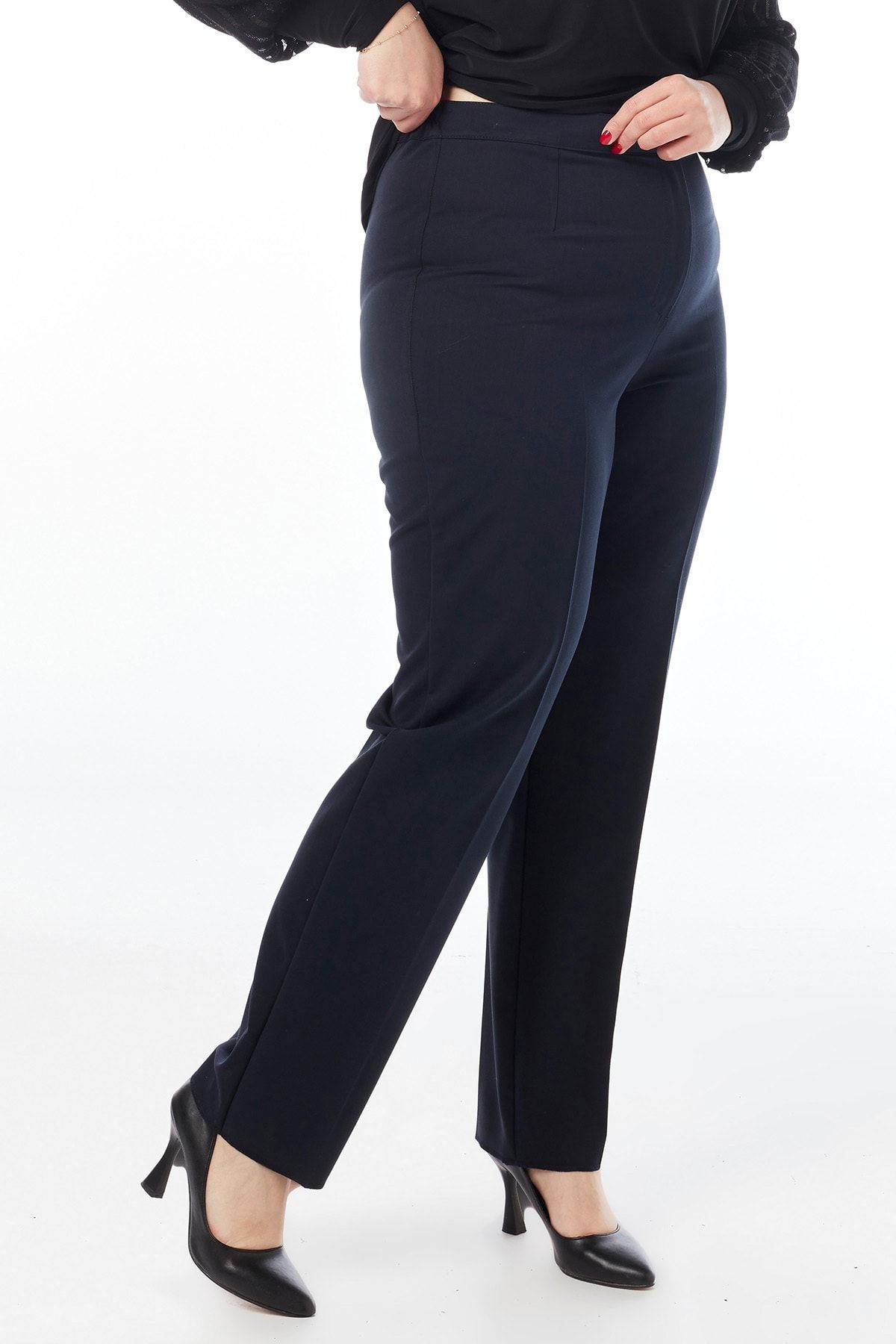 Moda Alba Lacivert Klasik Beli Lastikli Büyük Beden Yüksek Bel Kumaş Pantalon
