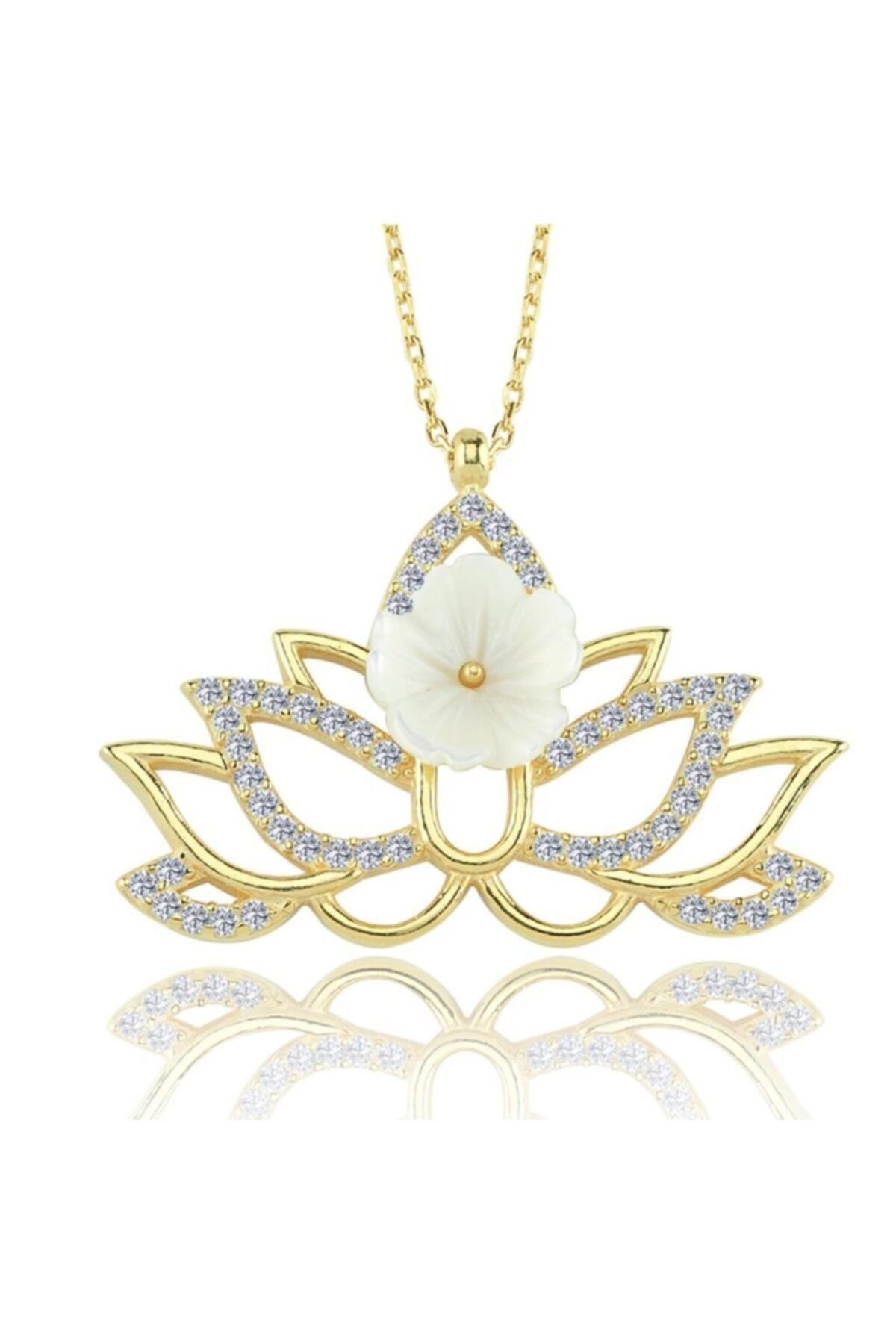 Mia Vento Işıltılı Lotus Manolya Çiçeği Gold Renk Flowers Gümüş Kolye