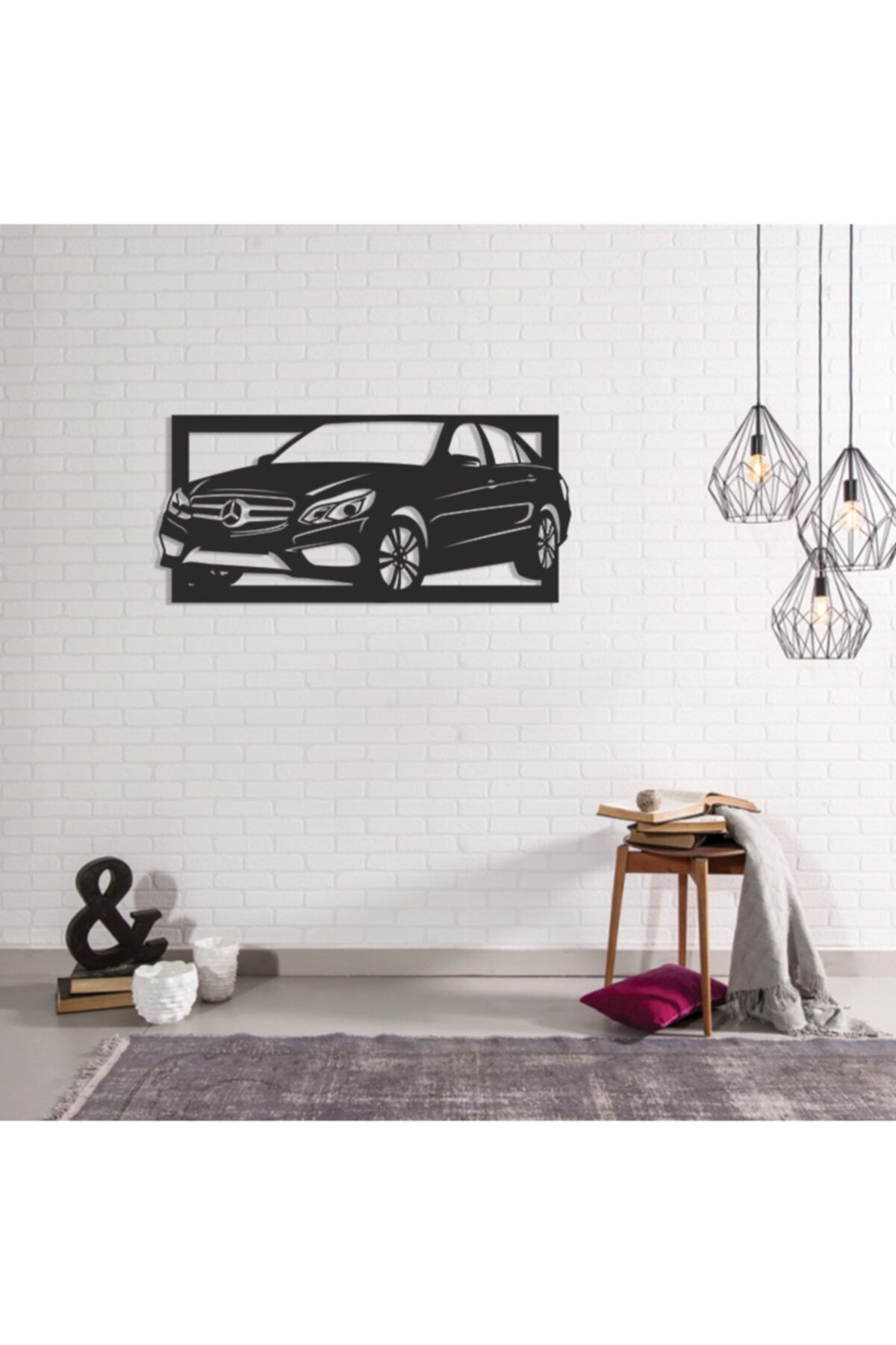 Genel Markalar Mercedes E250 Araba Figürü Ahşap Tablo Ahşap Duvar Dekorasyonu 35x70