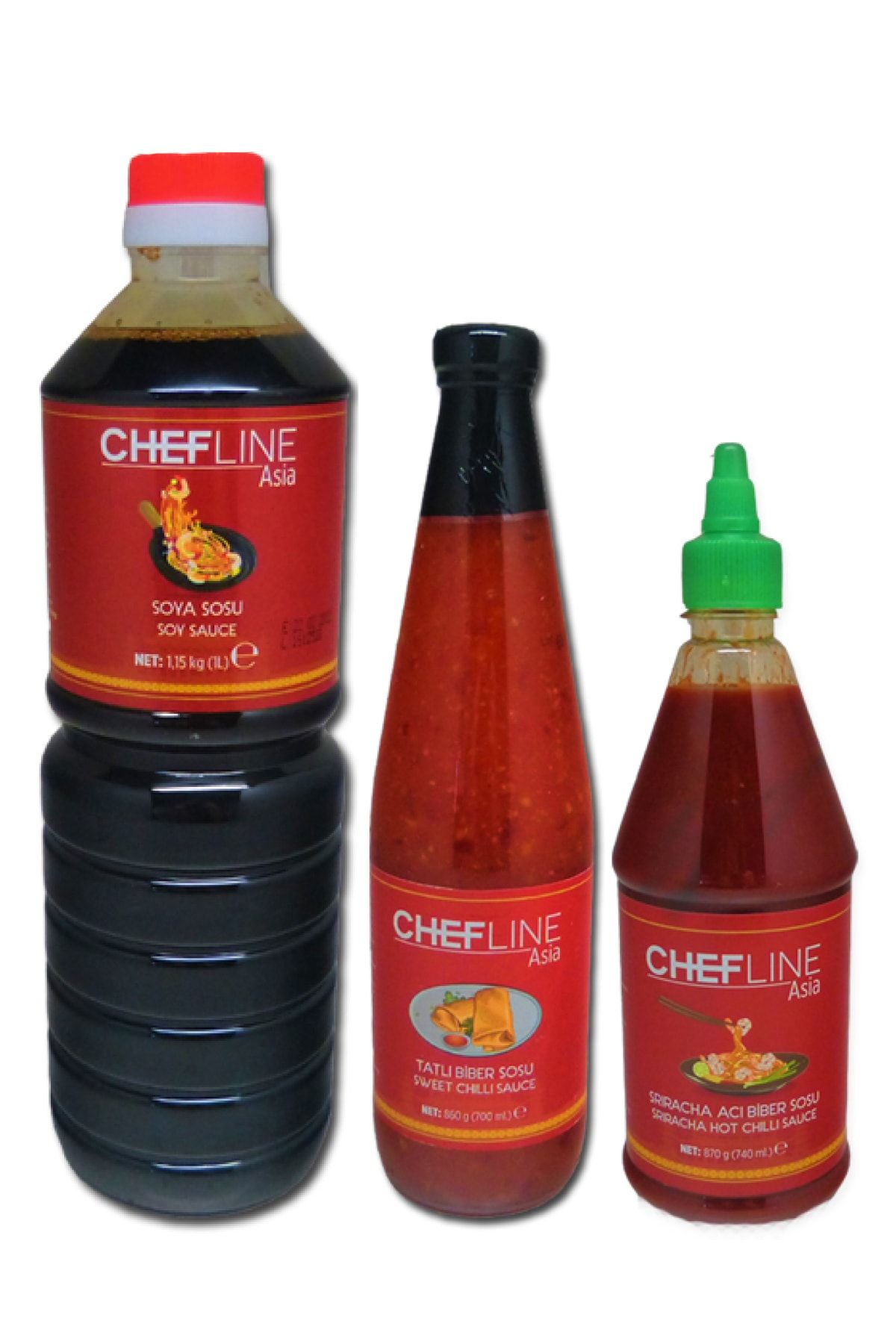 Chefline Asia Üçlü Sos Paketi Soya Sosu 1,15 kg Tatlı Biber Sosu 860 gr Sriracha Acı Biber Sosu 870 gr