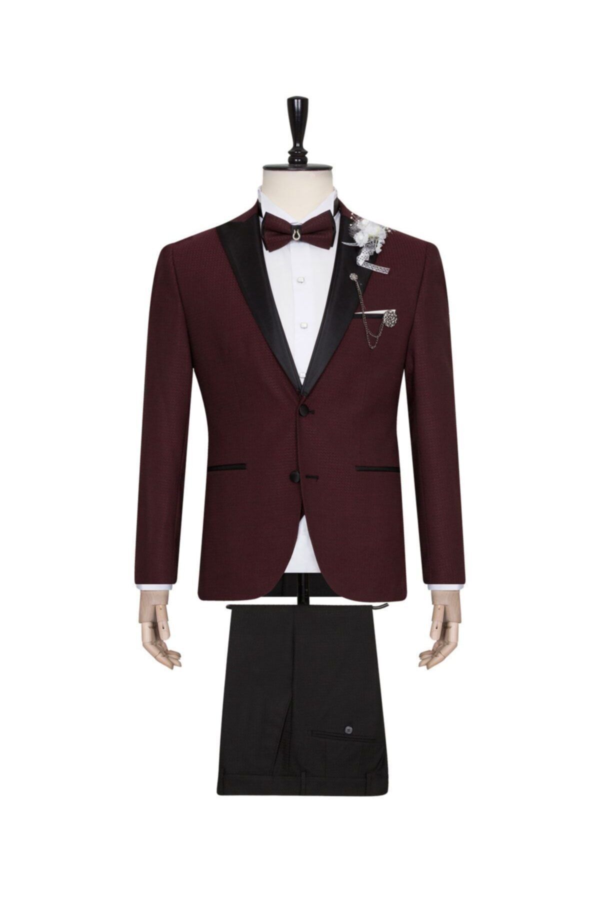 SÜVARİ Erkek Bordo Dokulu Yelekli Slim Fit Smokin Damatlık