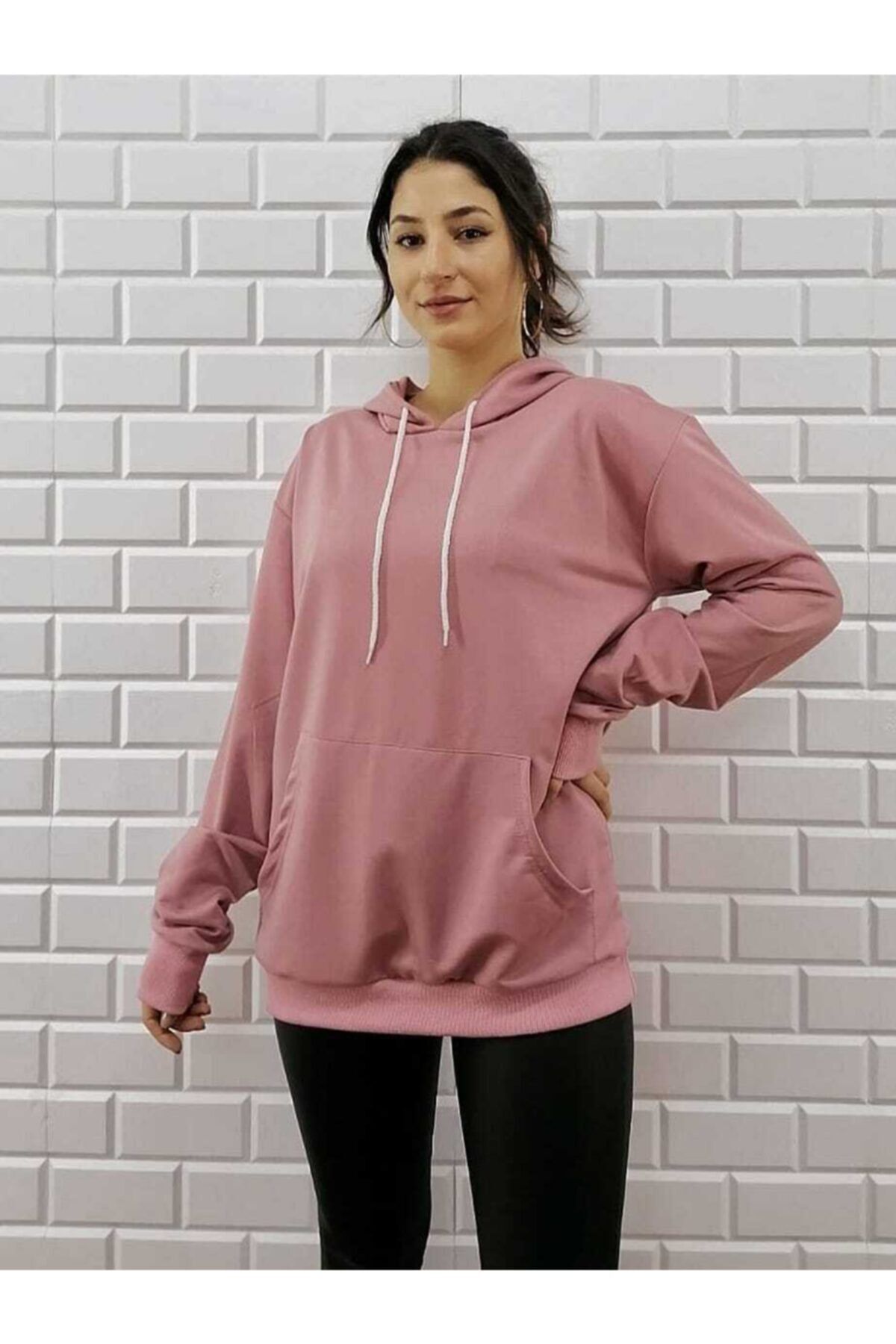 KALİK Unisex Gül Kurusu Oversize Kapüşonlu Sweatshirt