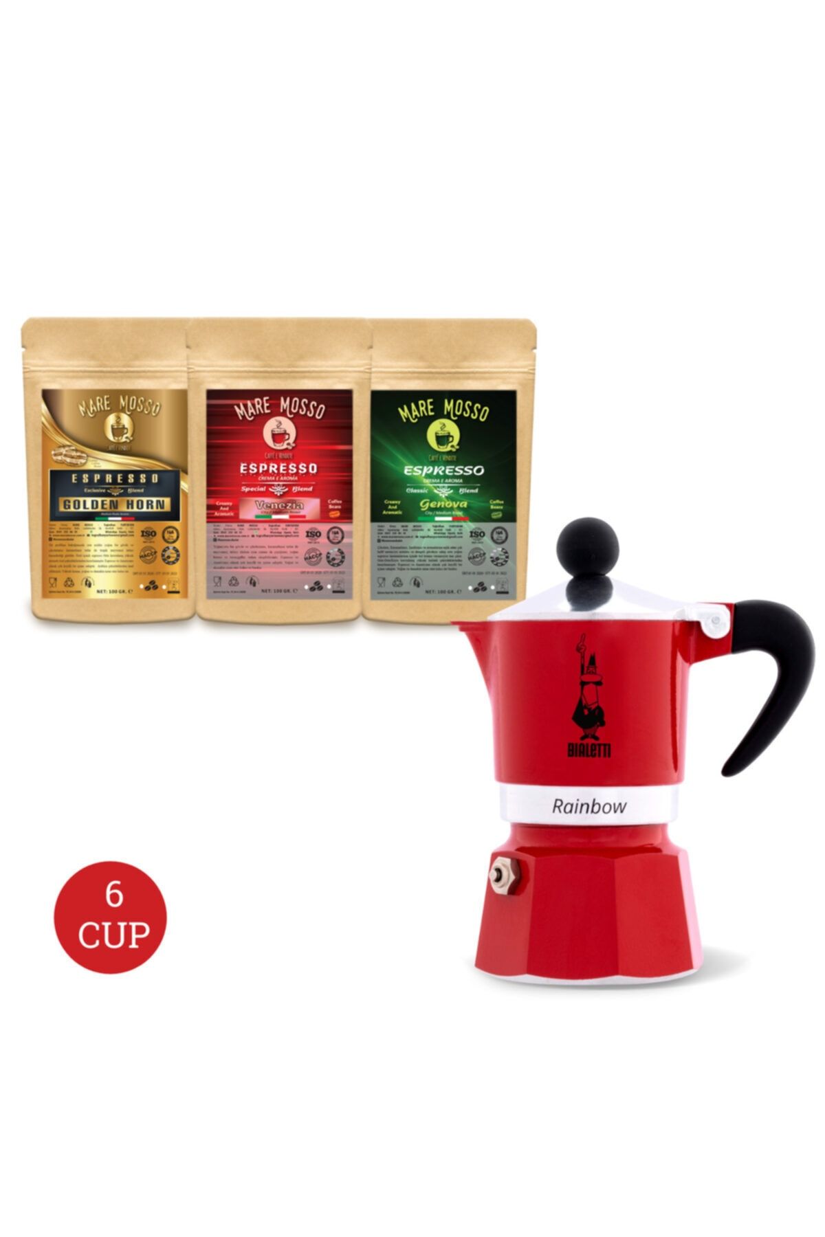 Bialetti Bıalettı Moka Pot Raınbow Rosso -kırmızı- 6 Cup + 3 X 100 Gr Espresso Hediye