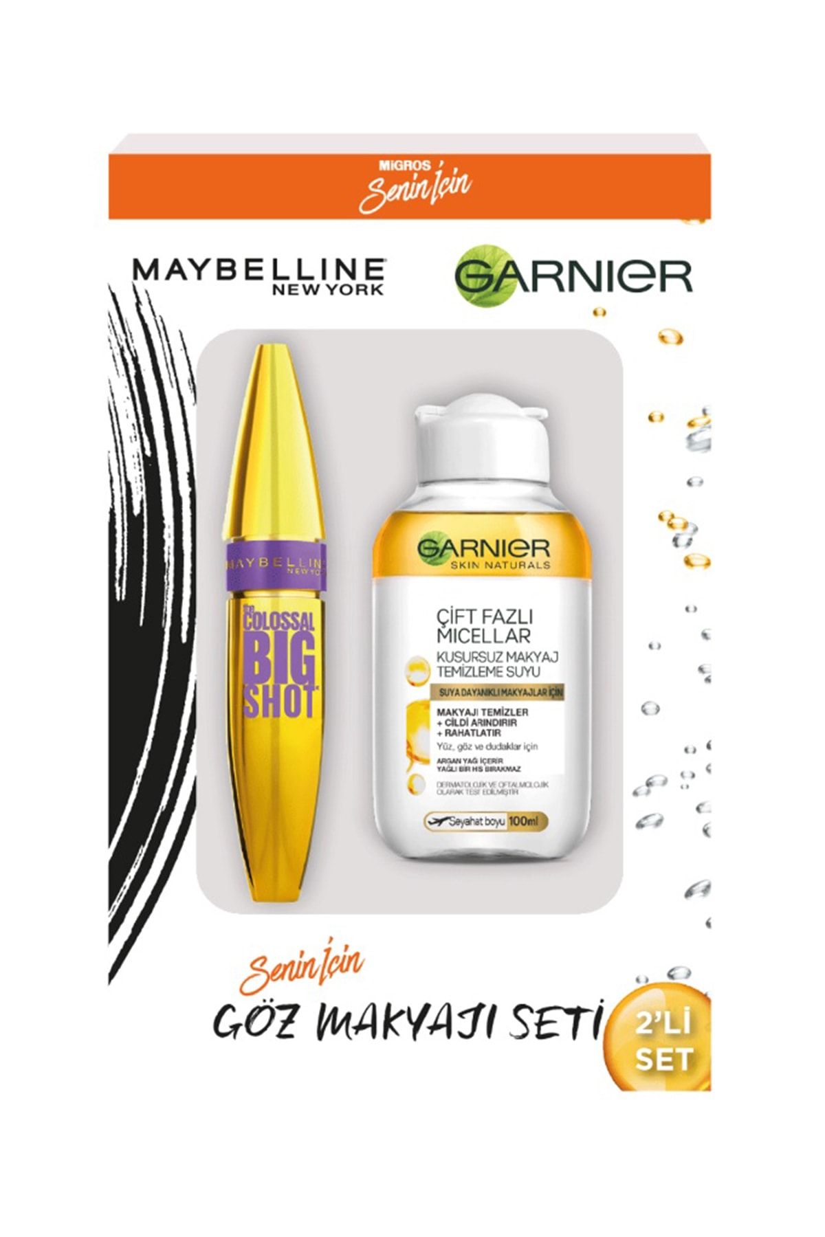 Garnier Maybelline New York Colossal Big Shot Maskara Black + Makyaj Temizleme Suyu