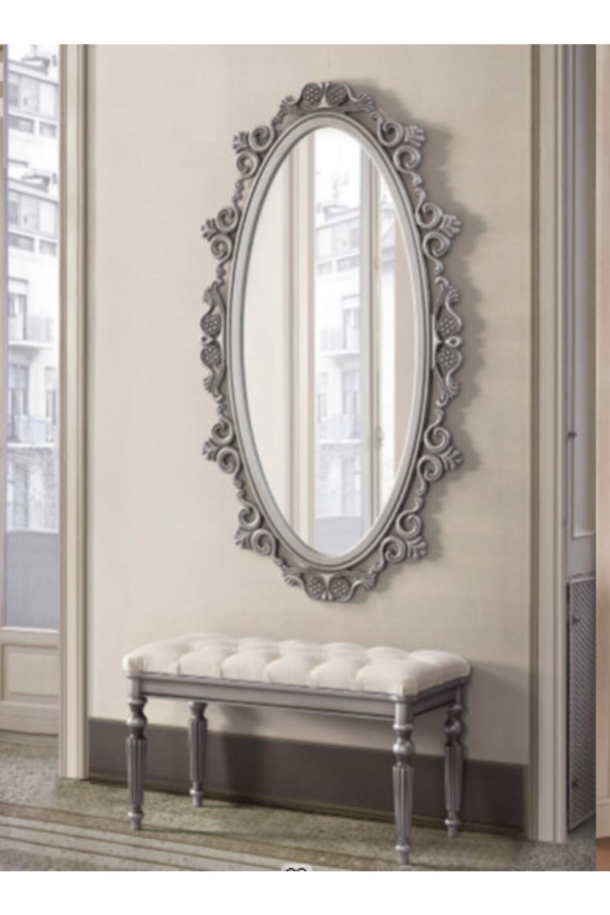 EFES HOME Mira Puf Şirin 140lık Çerçeveli Puf Ayna Seti-gümüş Mat Siyah Silme Renkli