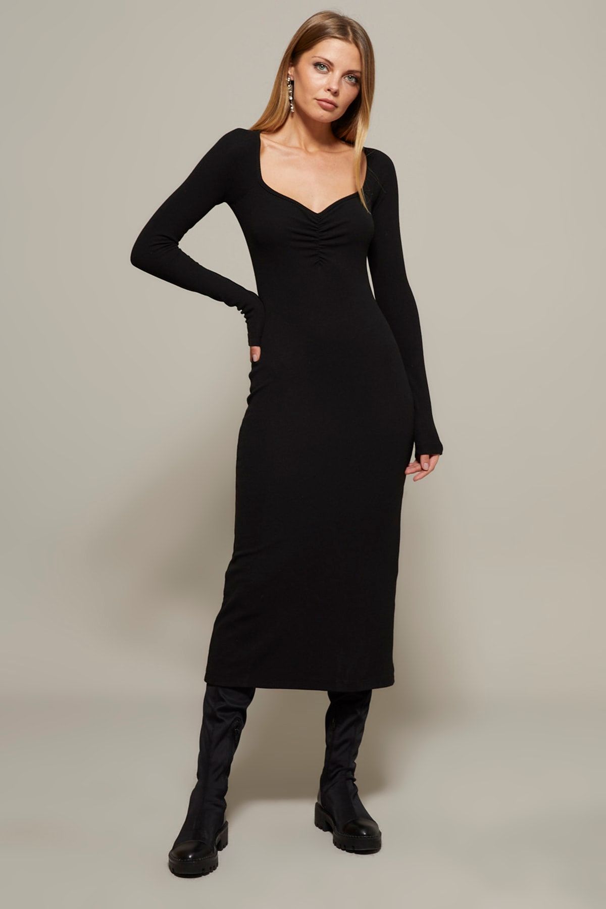 Cool & Sexy Kadın Siyah Önü Büzgülü Kaşkorse Elbise EY1154