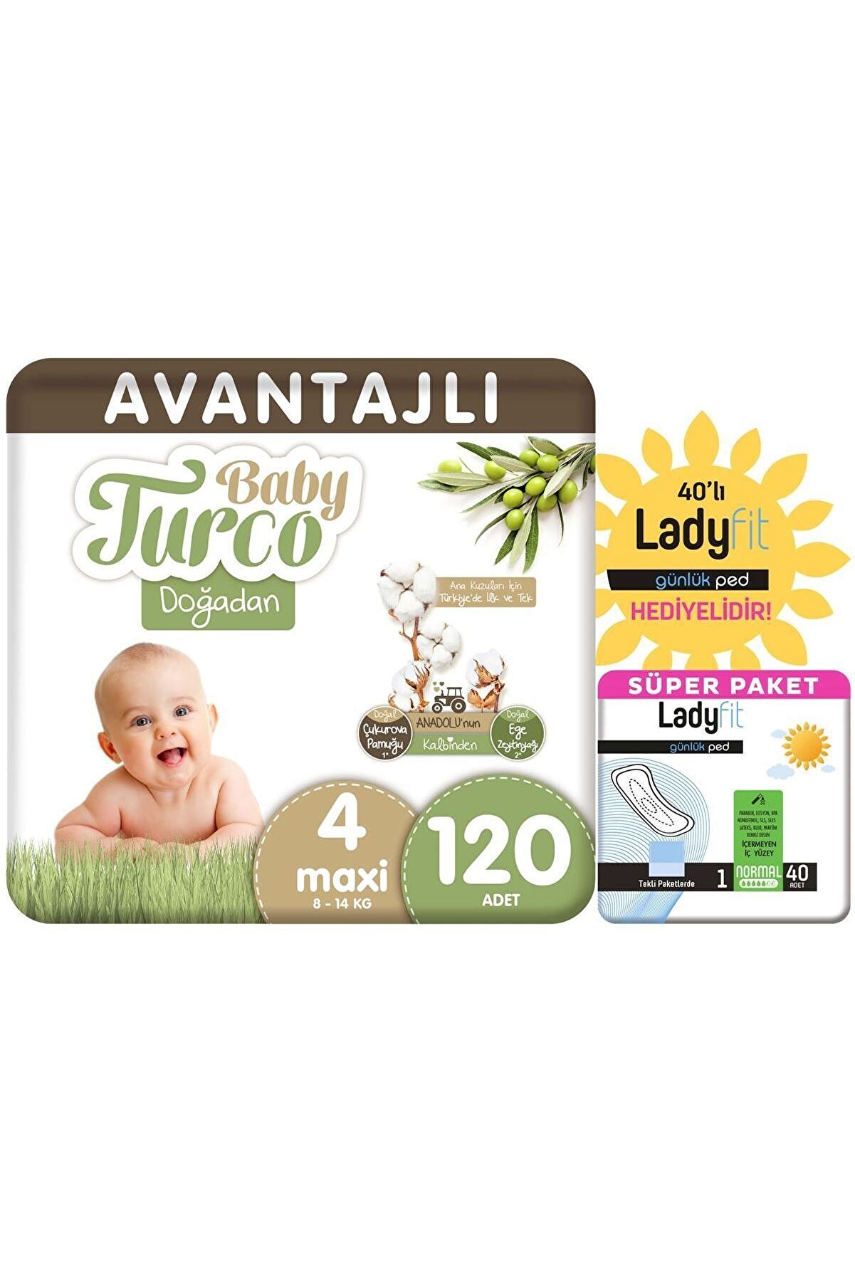 Baby Turco Doğadan Avantajlı Paket Bebek Bezi 4 Numara Maxi 120 Adet + Günlük Ped