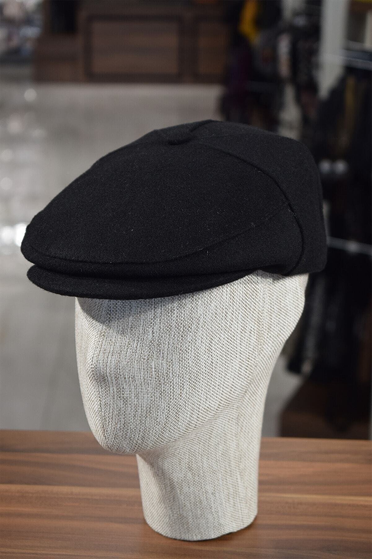 Göksu Şapka Düğmeli Klasik Kasket Siyah Kasket Kaşe Kışlık Kumaş Şapka