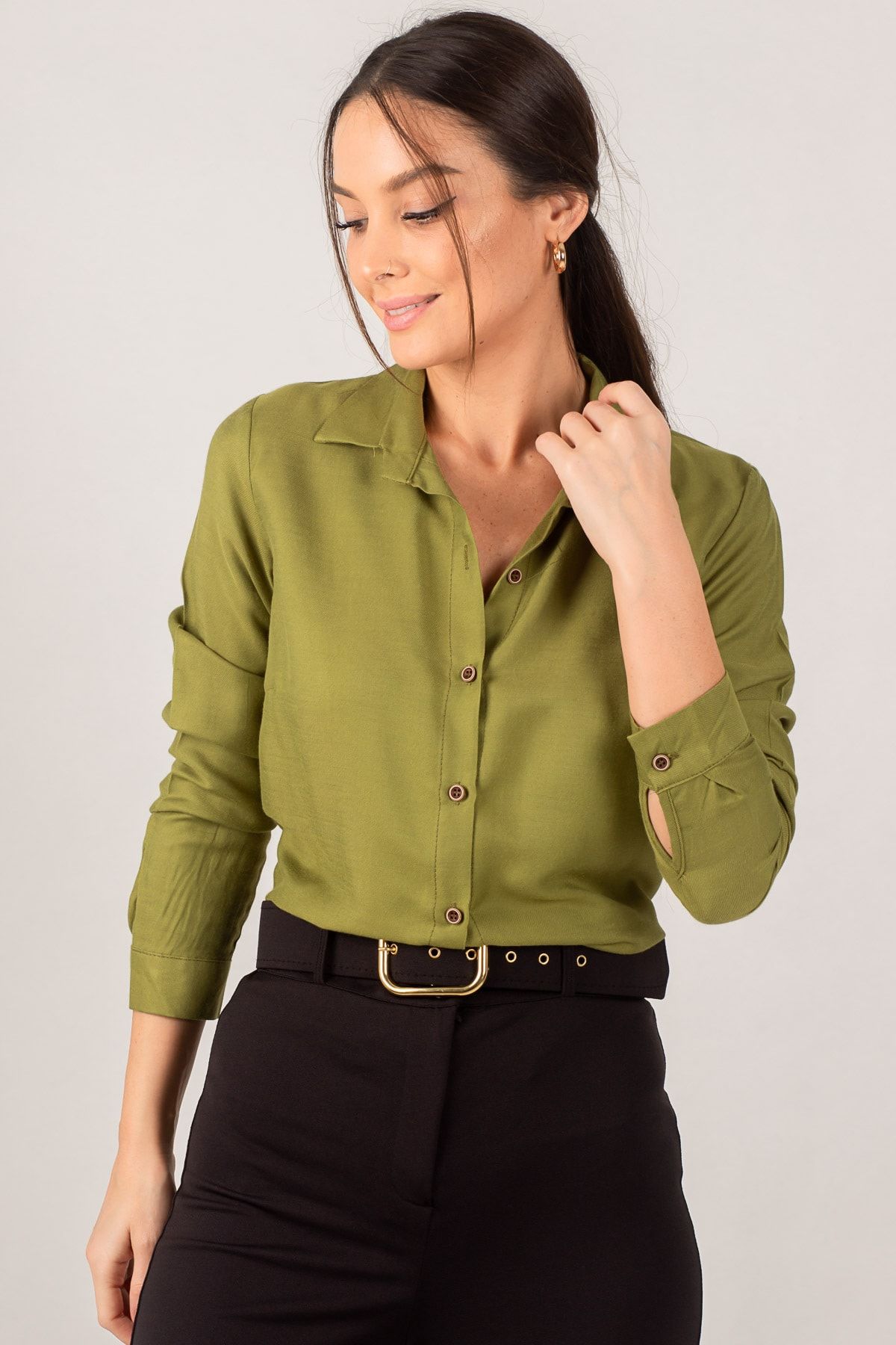 armonika Kadın Fıstık Yeşili Uzun Kollu Düz Gömlek ARM-18Y001176