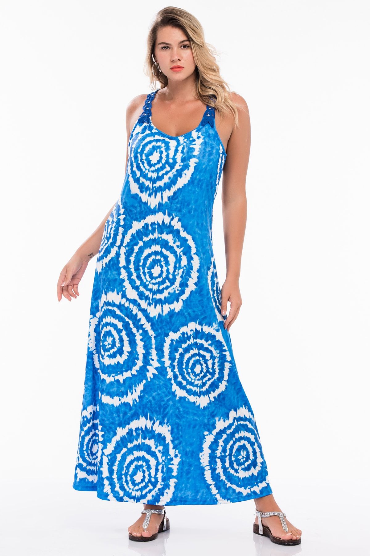 Şans Kadın Büyük Beden Mavi Askı Ve Arka Robası Dantel Detaylı Elbise 65n31085