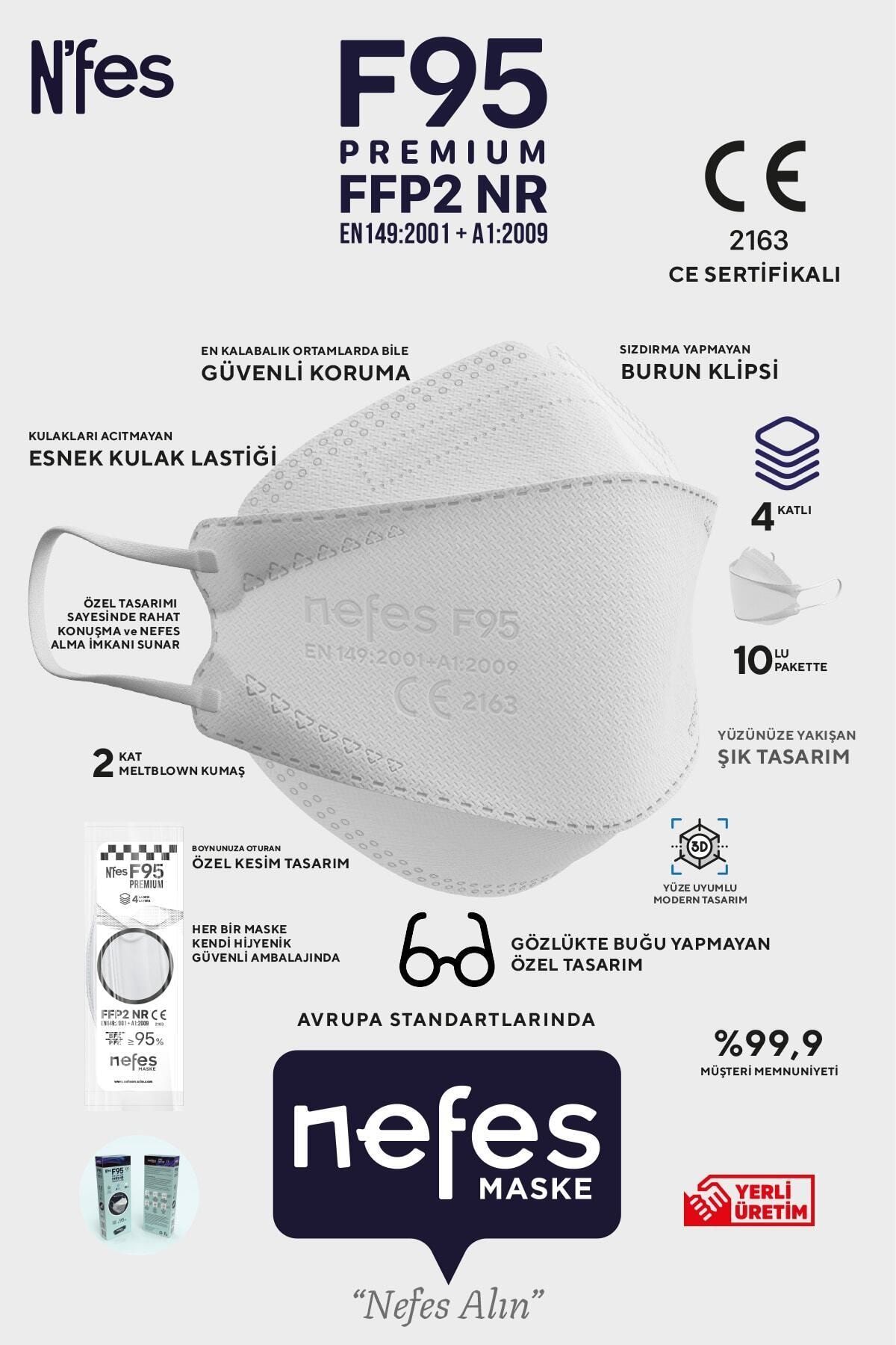 nefes maske N'fes F95 Premium Kore Tipi Beyaz N95(kf94) Maske 1 Kutu 10 Adet