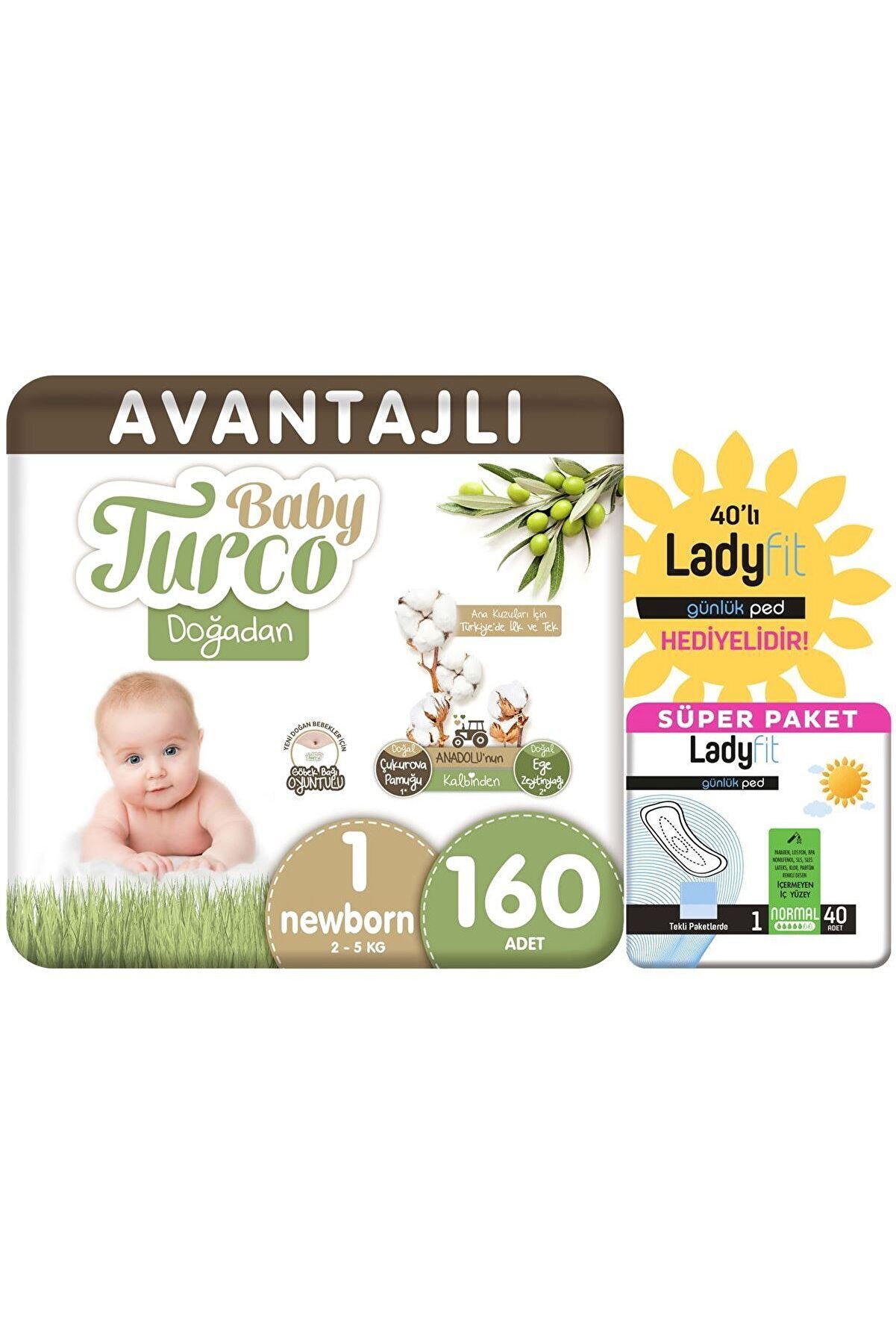 Baby Turco Doğadan Avantajlı Paket Bebek Bezi 1 Numara Yenidoğan 160 Adet + Günlük Ped