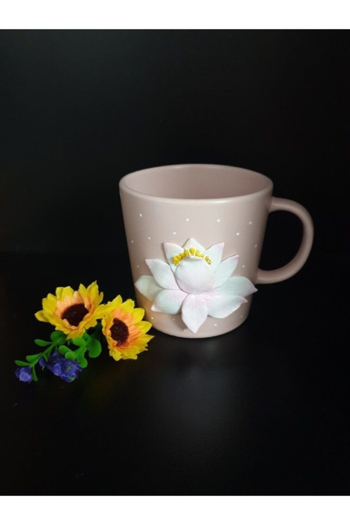 Ebruli tasarım Nilüfer Çiçeği, Lotus Çiçeği Objeli El Yapımı Kupa Bardak Hediyelikler