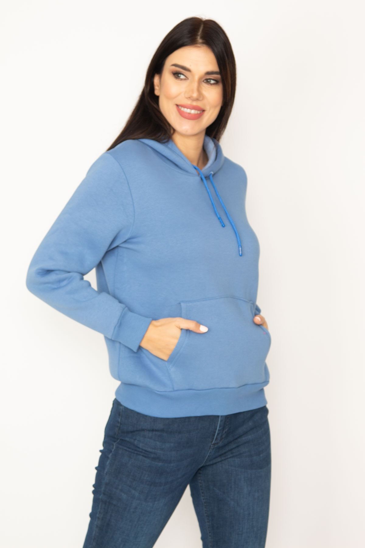 Şans Tekstil Kadın Mavi 3 Iplik Şardonlu Kapşonlu Sweatshirt 85n6405