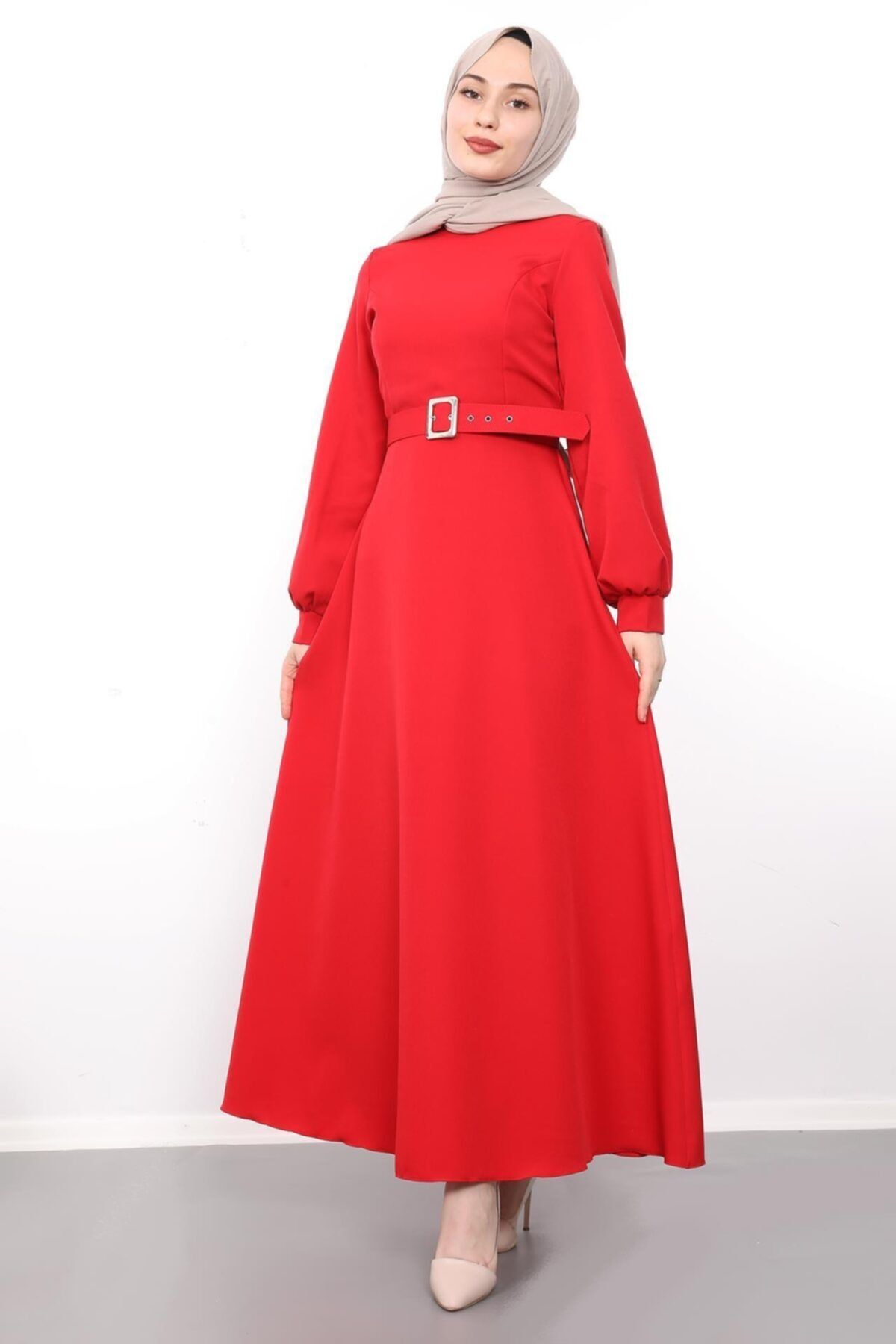 Giza Giyim Kemerli Kloş Tesettür Elbise Kırmızı