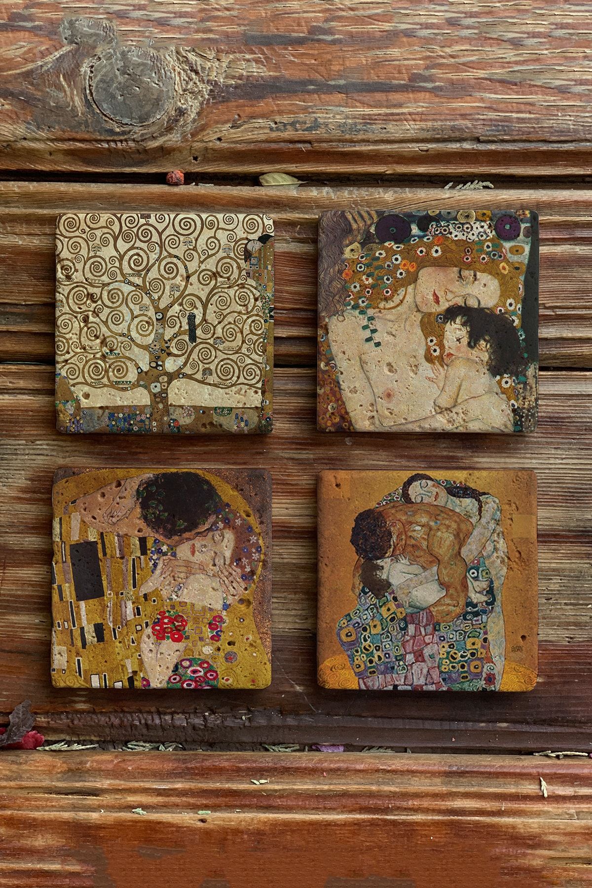 Oscar Stone Decor Taş Bardak Altlığı Stone Coasters - 4lü Set Gustav Klimt Tabloları
