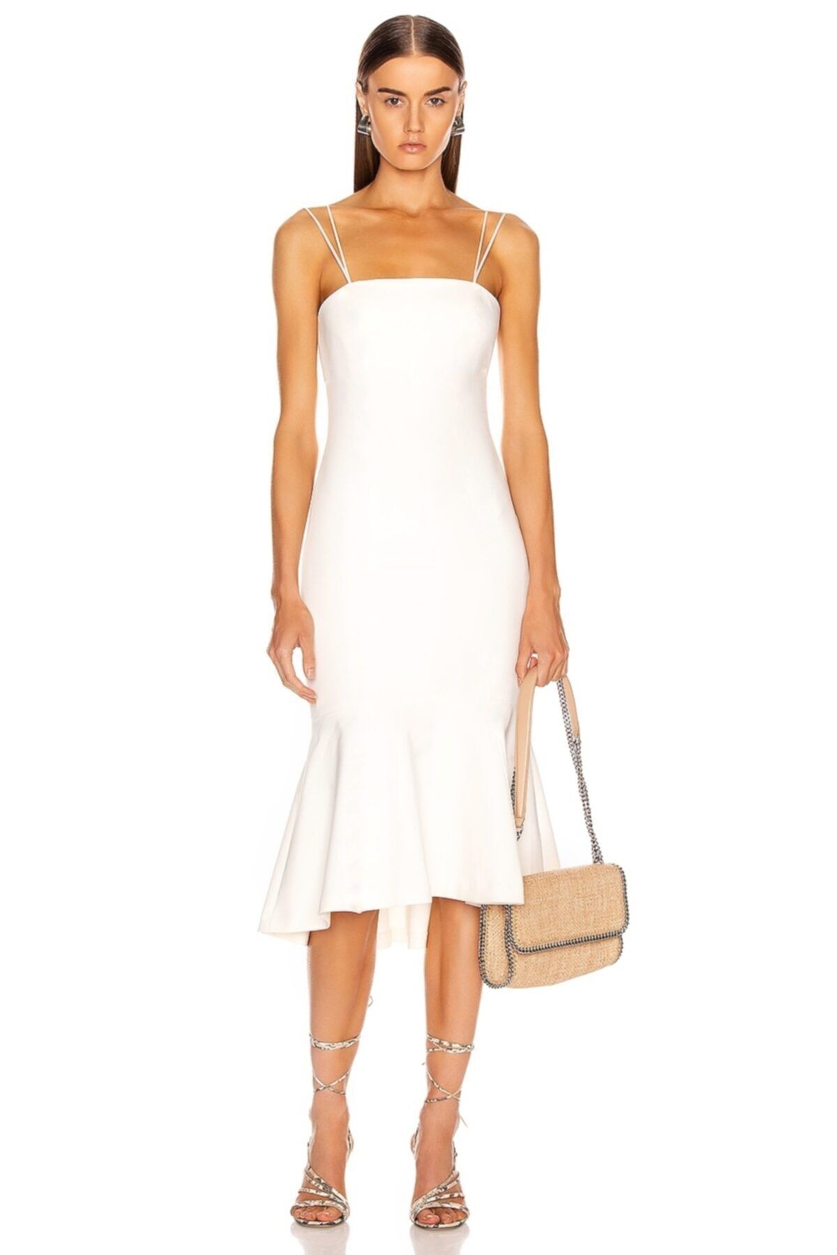 By Umut Design Kadın Volanlı Straplez Kesim Spagetti Askılı Beyaz Elbise 4574096