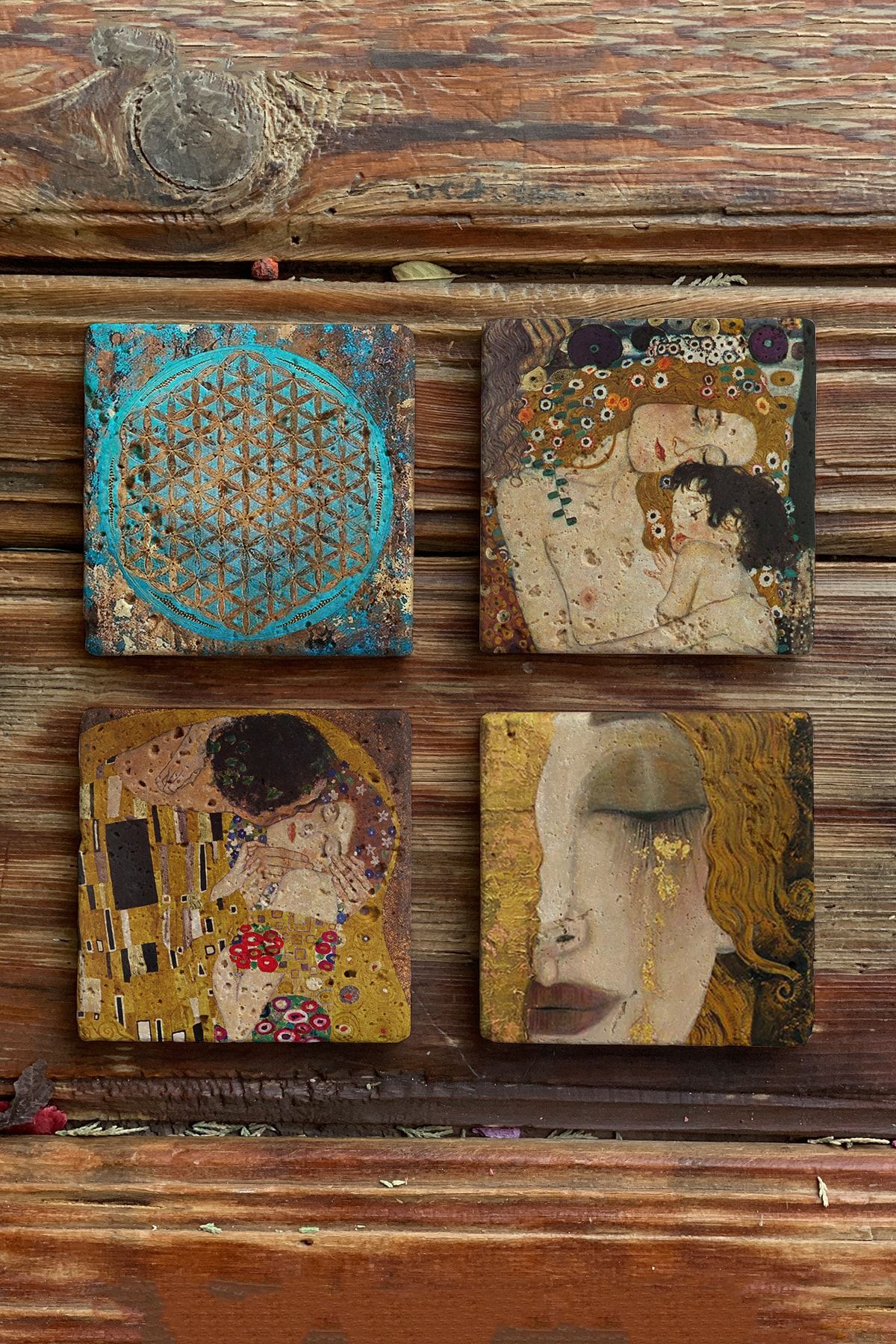 Oscar Stone Decor Taş Bardak Altlığı Stone Coasters - 4lü Set Gustav Klimt Ve Yaşam Çiçeği