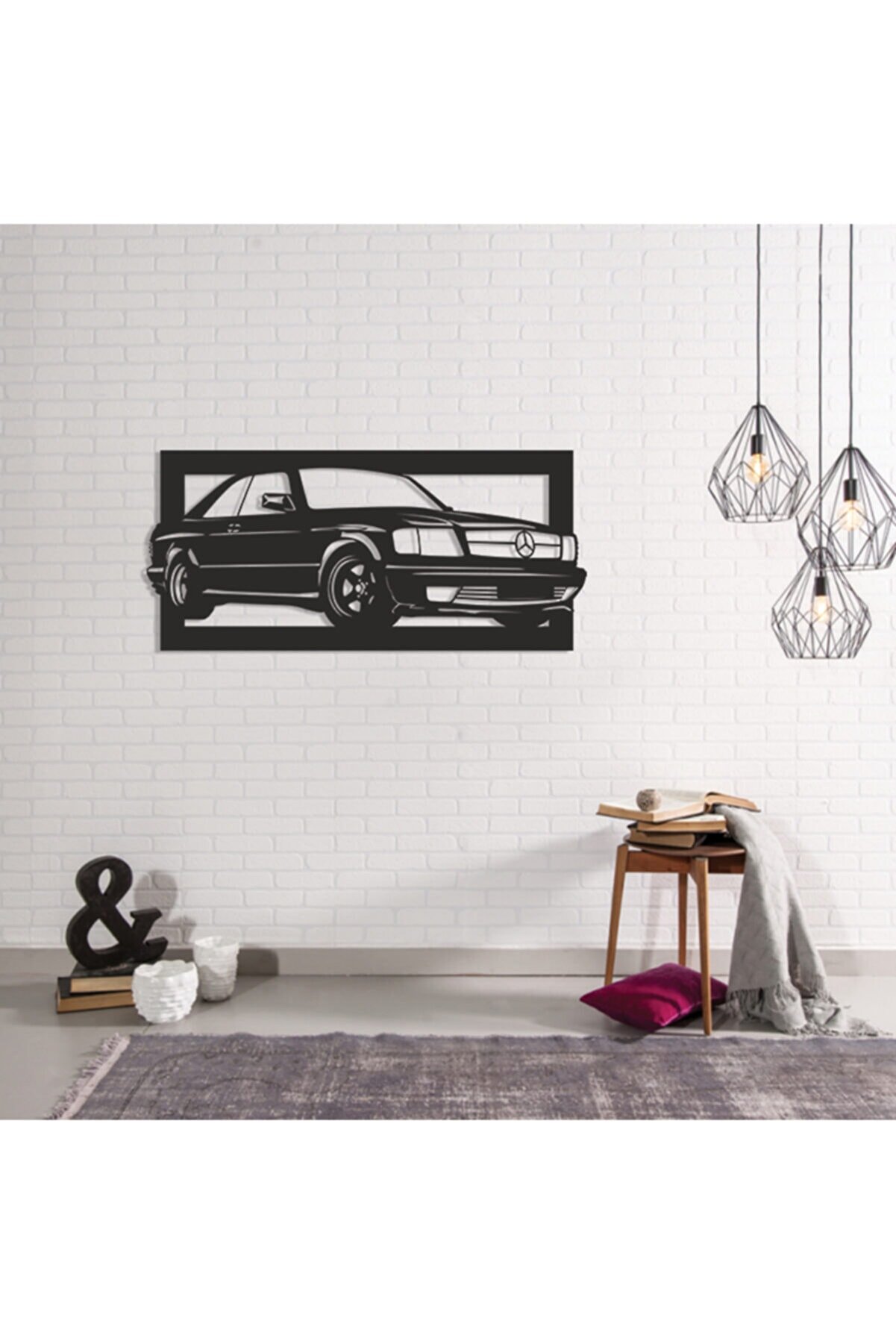 Genel Markalar Siyah Mercedes 560sec Led Işıklı Tablo Ahşap Duvar Dekorasyonu